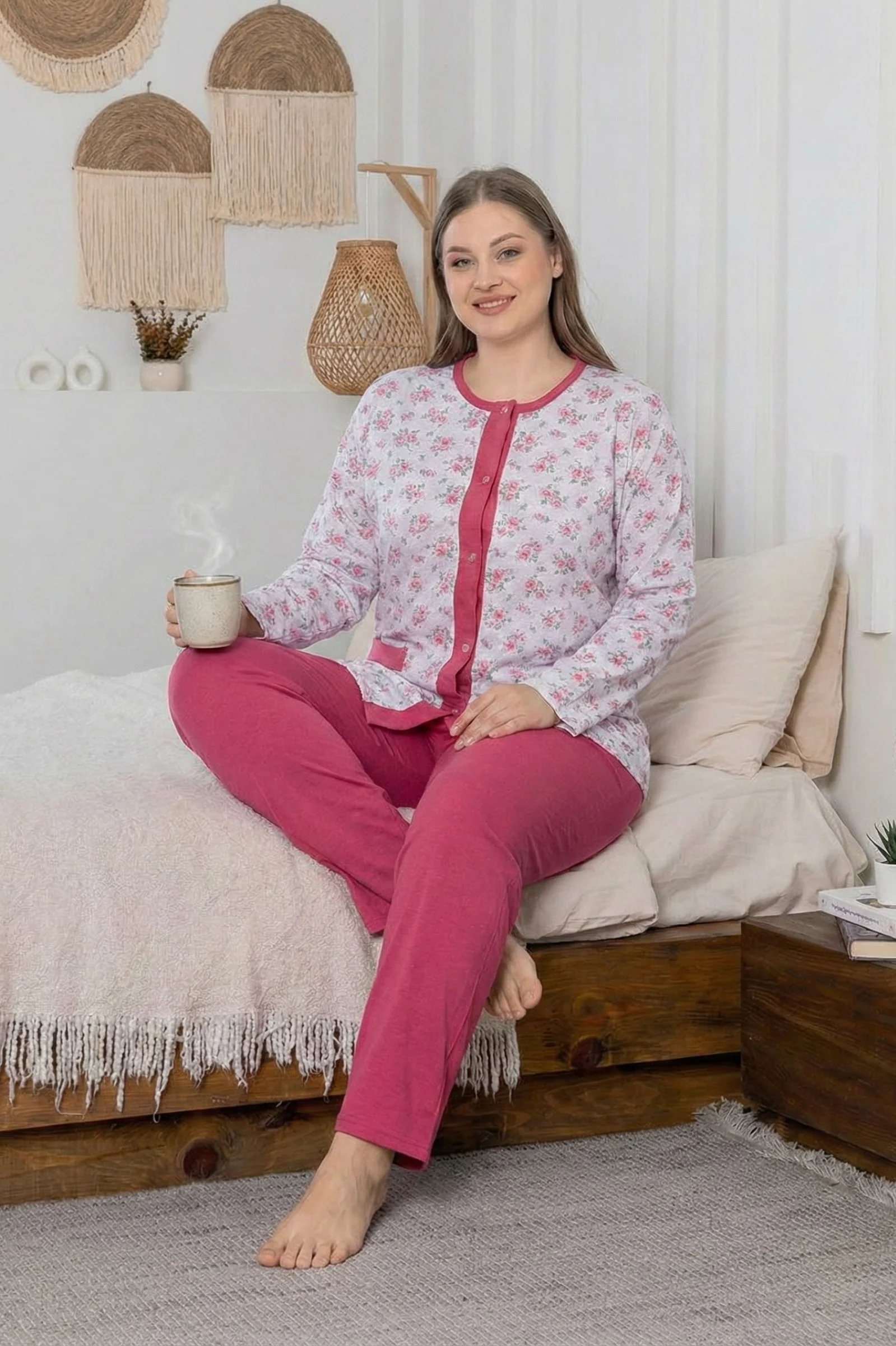 X-Dreamy Büyük Beden Pamuklu Cepli Çiçekli Önden Düğmeli Pijama Takımı, Fuşya, 2XL