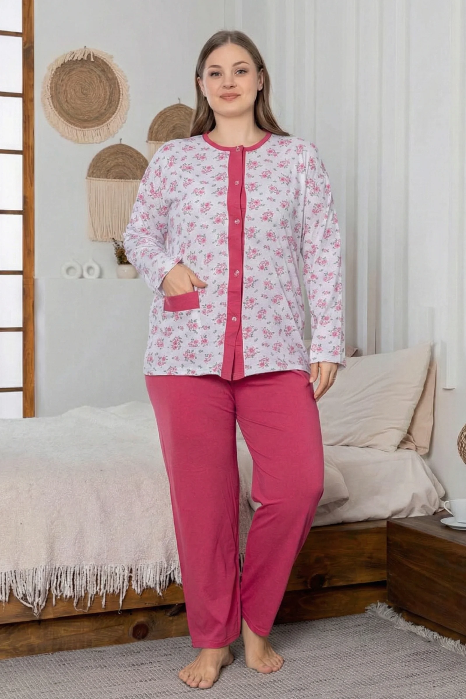 X-Dreamy Büyük Beden Pamuklu Cepli Çiçekli Önden Düğmeli Pijama Takımı, Fuşya, XL