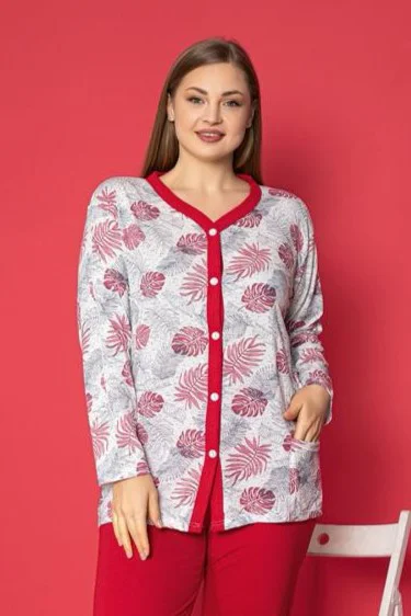 X-Dreamy Büyük Beden Pamuklu Cepli Çiçekli Önden Düğmeli Pijama Takımı, Kırmızı, 3XL