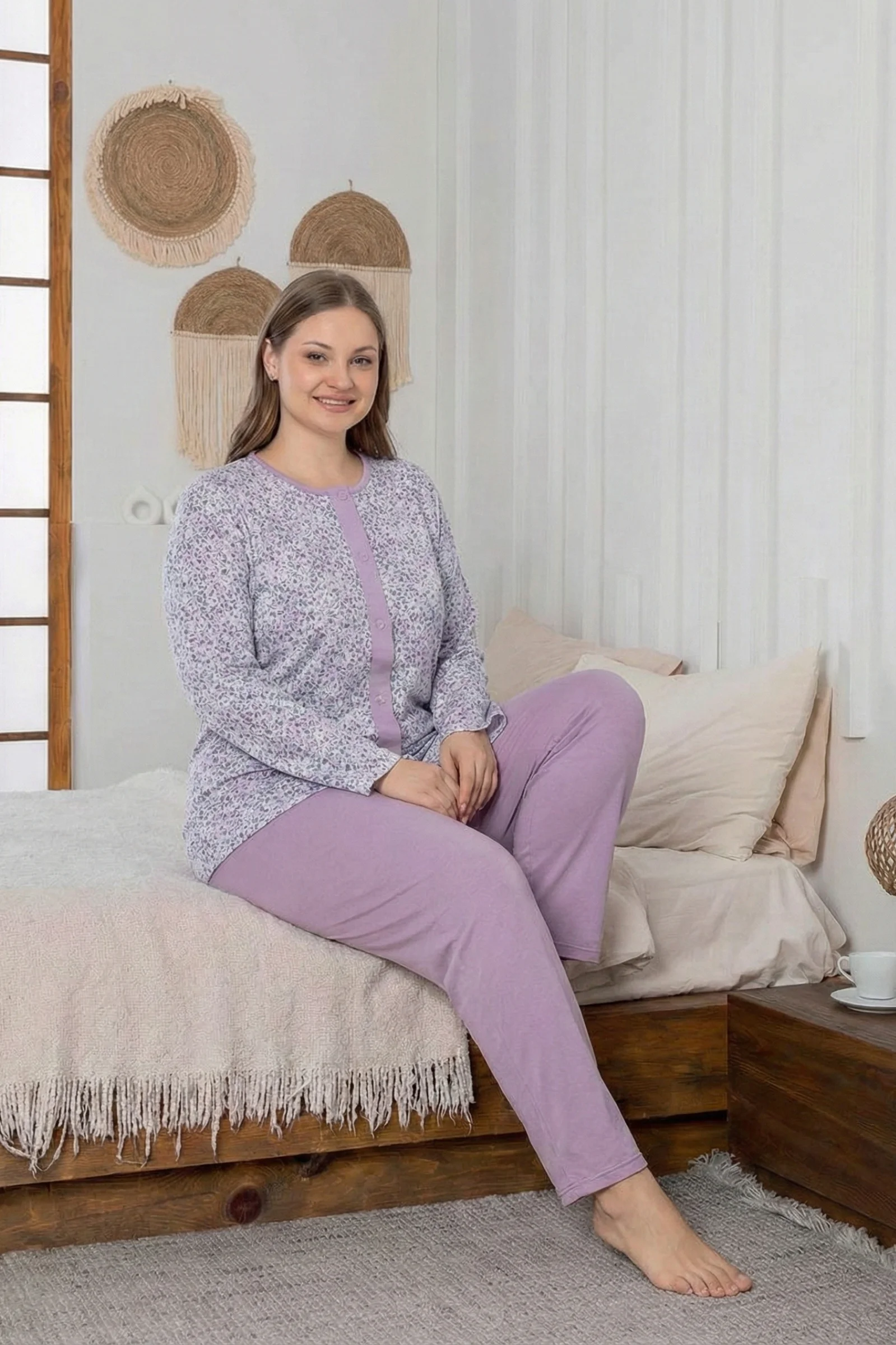 X-Dreamy Büyük Beden Pamuklu Cepli Çiçekli Önden Düğmeli Pijama Takımı, Pembe, XL