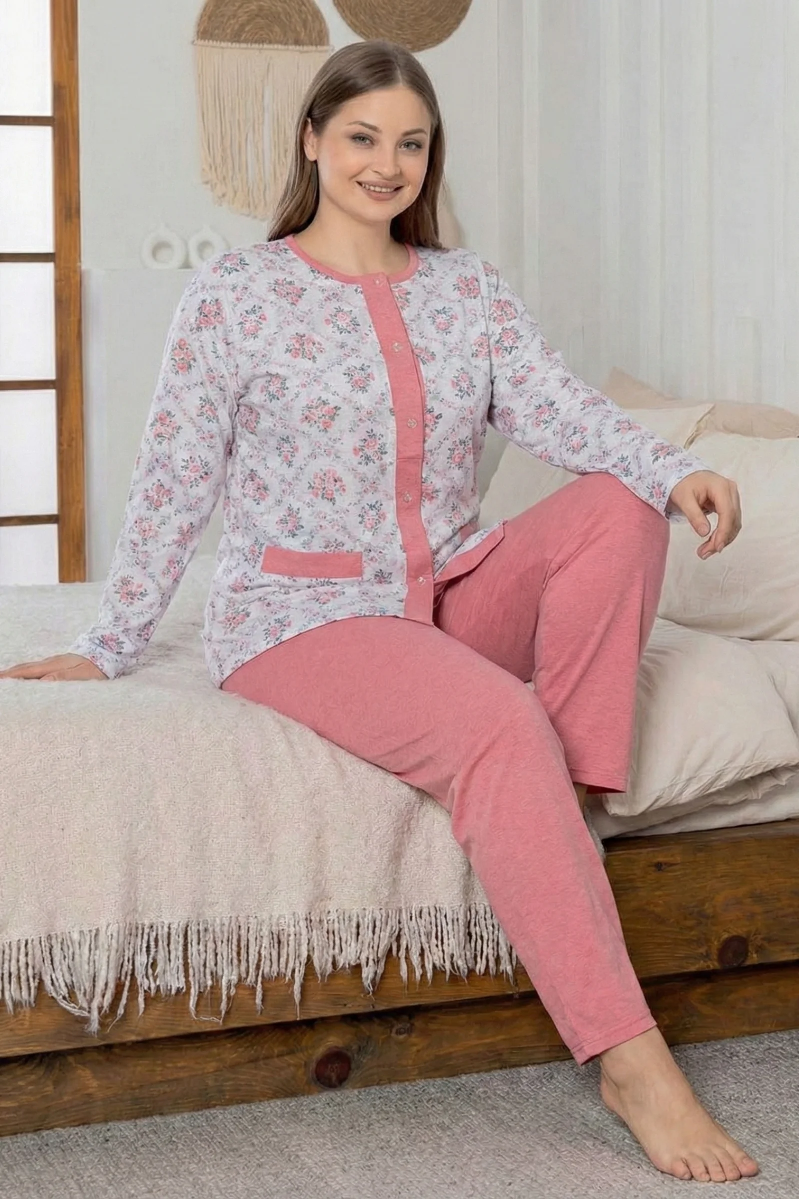 X-Dreamy Büyük Beden Pamuklu Cepli Çiçekli Önden Düğmeli Pijama Takımı, Yavruağzı, XL