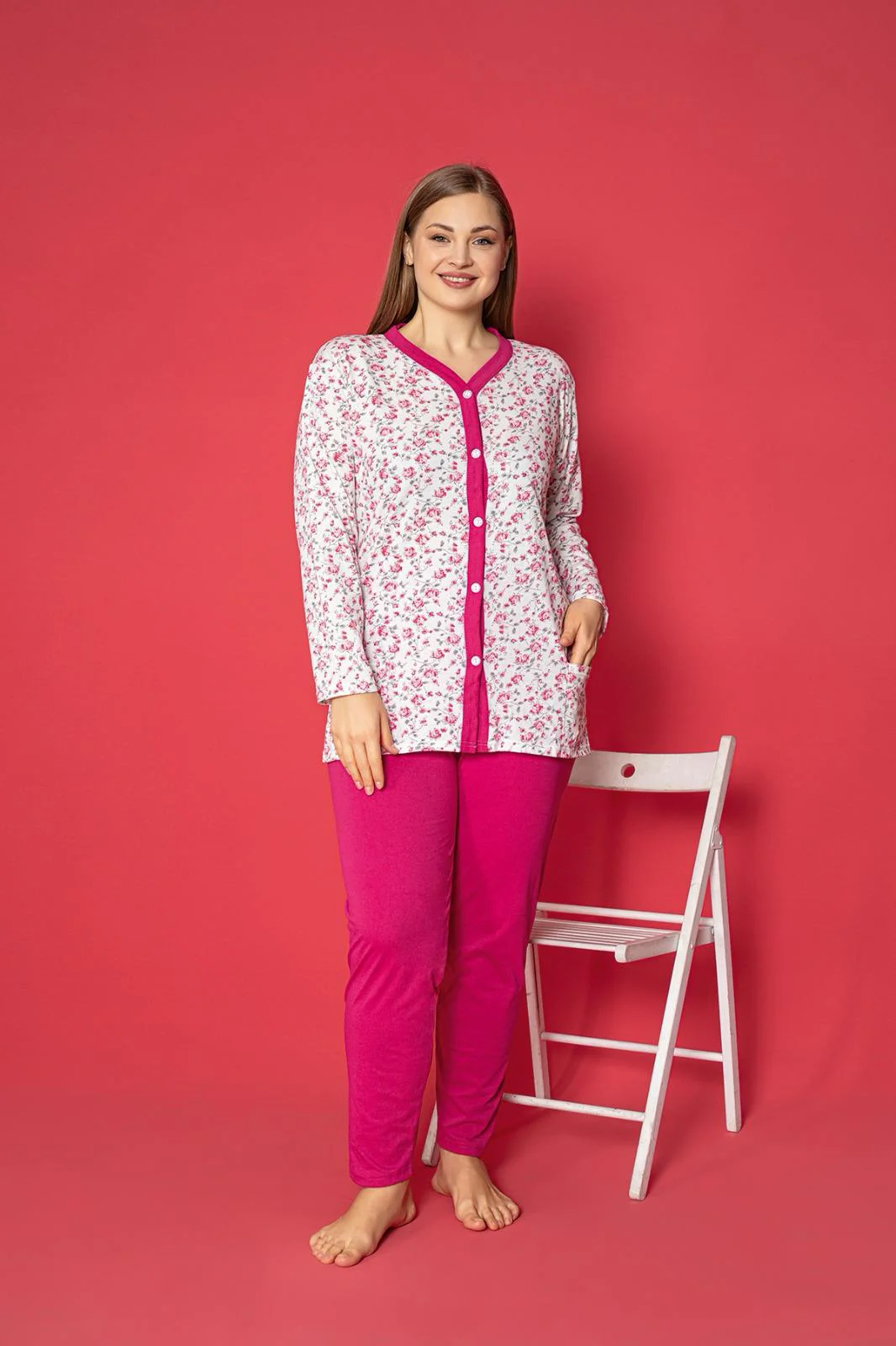 X-Dreamy Büyük Beden Pamuklu Cepli Çiçekli Önden Düğmeli Pijama Takımı, Fuşya, 2XL