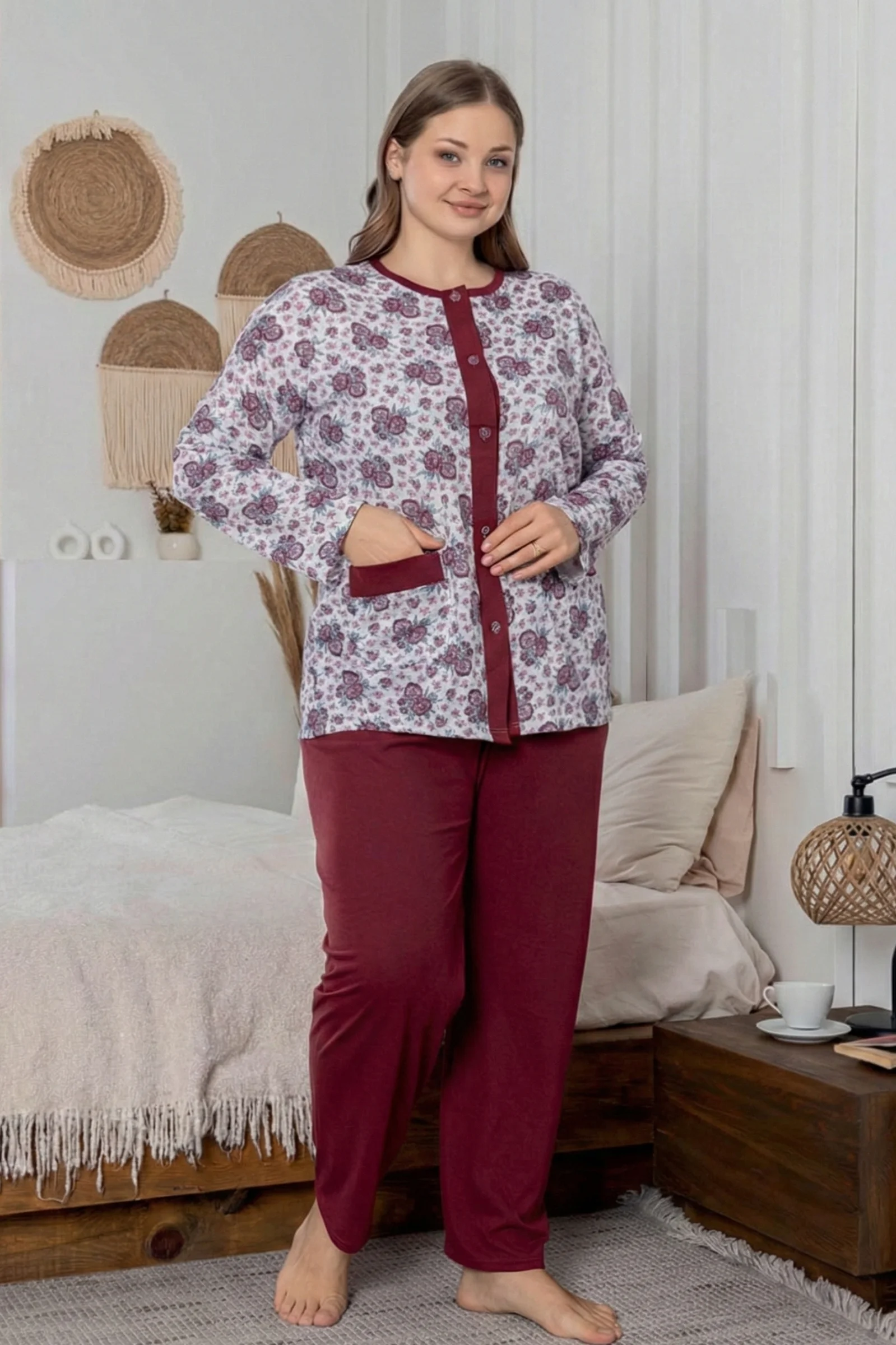 X-Dreamy Büyük Beden Pamuklu Cepli Çiçekli Önden Düğmeli Pijama Takımı, Bordo, XL Fiyatı, Yorumları ve Özellikleri
