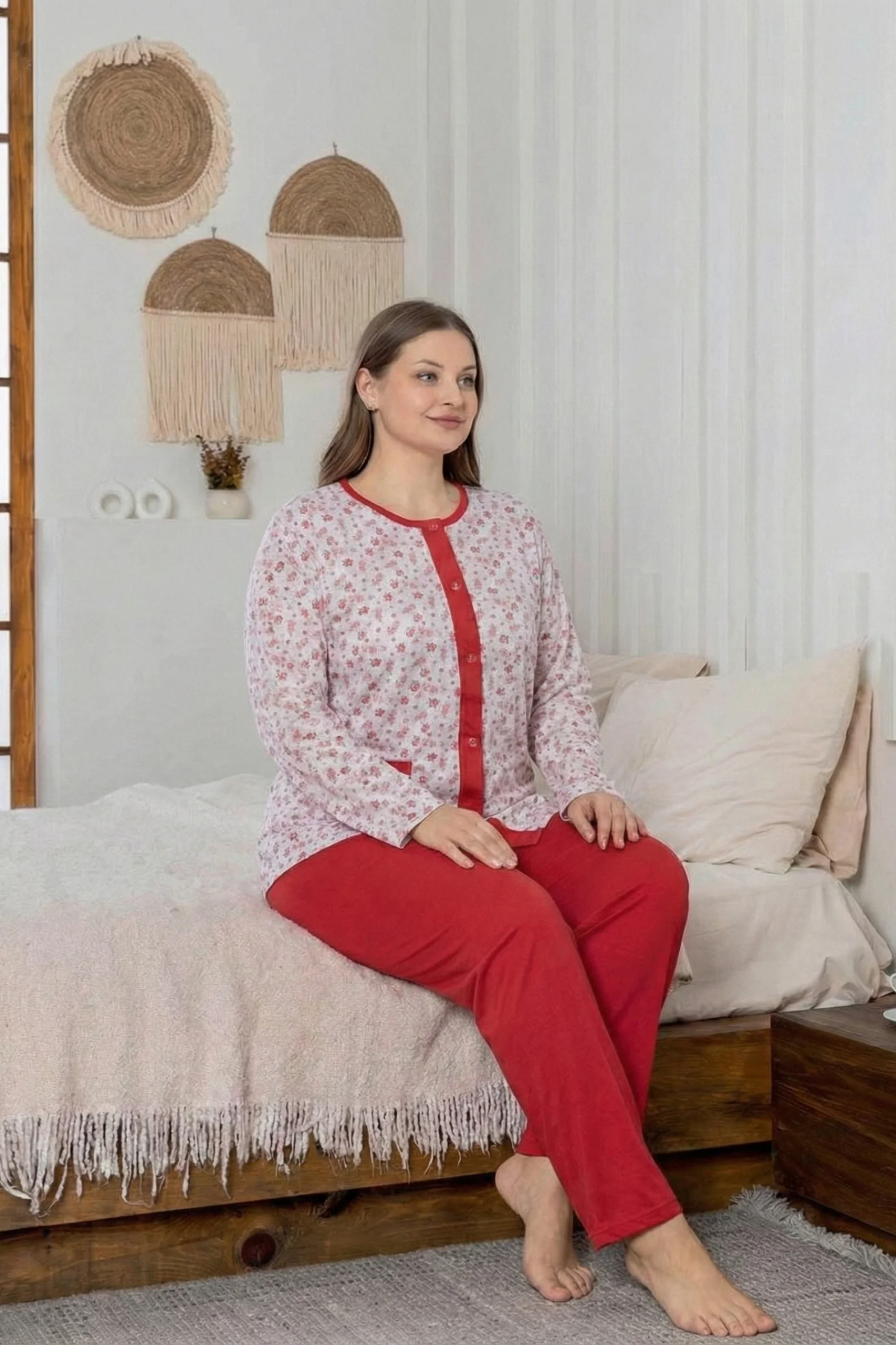 X-Dreamy Büyük Beden Pamuklu Cepli Çiçekli Önden Düğmeli Pijama Takımı, Kırmızı, 3XL