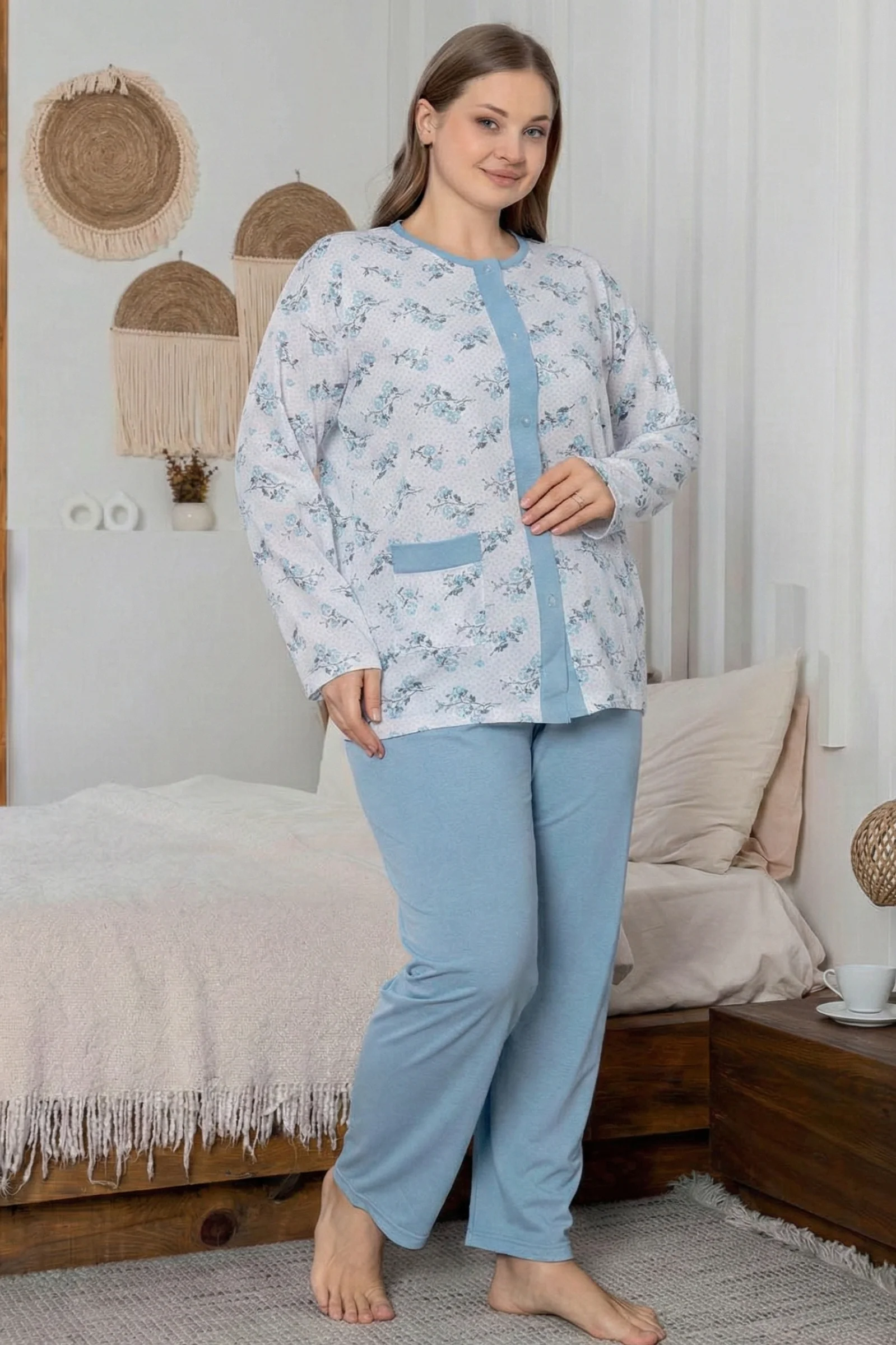 X-Dreamy Büyük Beden Pamuklu Cepli Çiçekli Önden Düğmeli Pijama Takımı, Mavi, XL