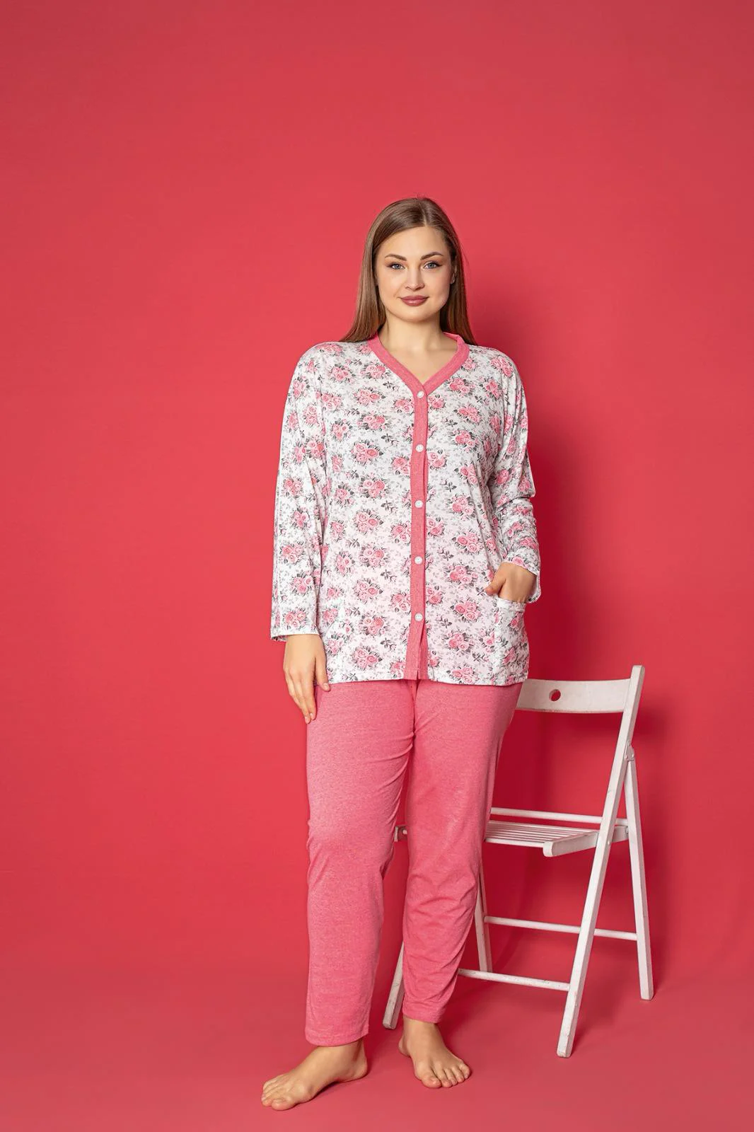 X-Dreamy Büyük Beden Pamuklu Cepli Çiçekli Önden Düğmeli Pijama Takımı, Yavruağzı, XL