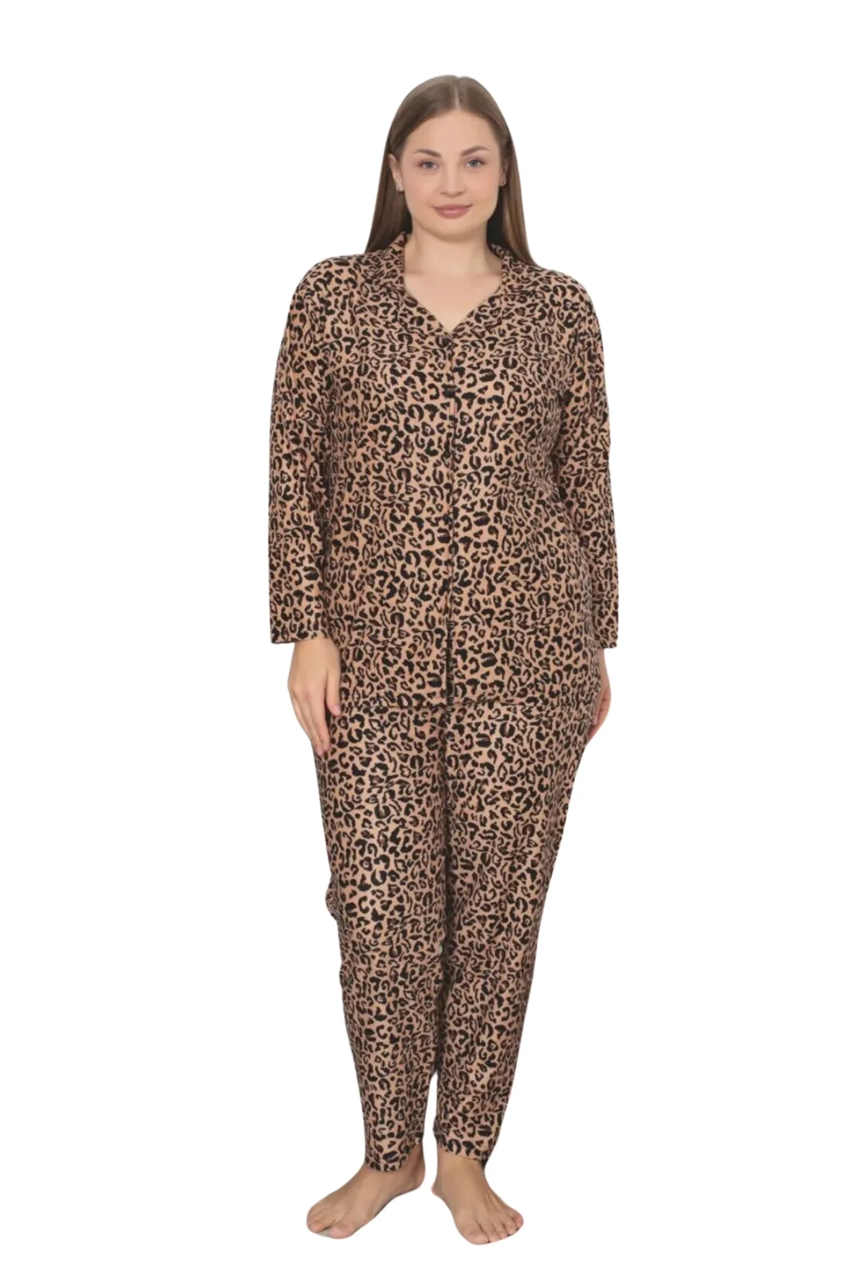 X-Dreamy Büyük Beden Pamuklu Süet Bambu Düğmeli Pijama Takımı, Leopar, 2XL