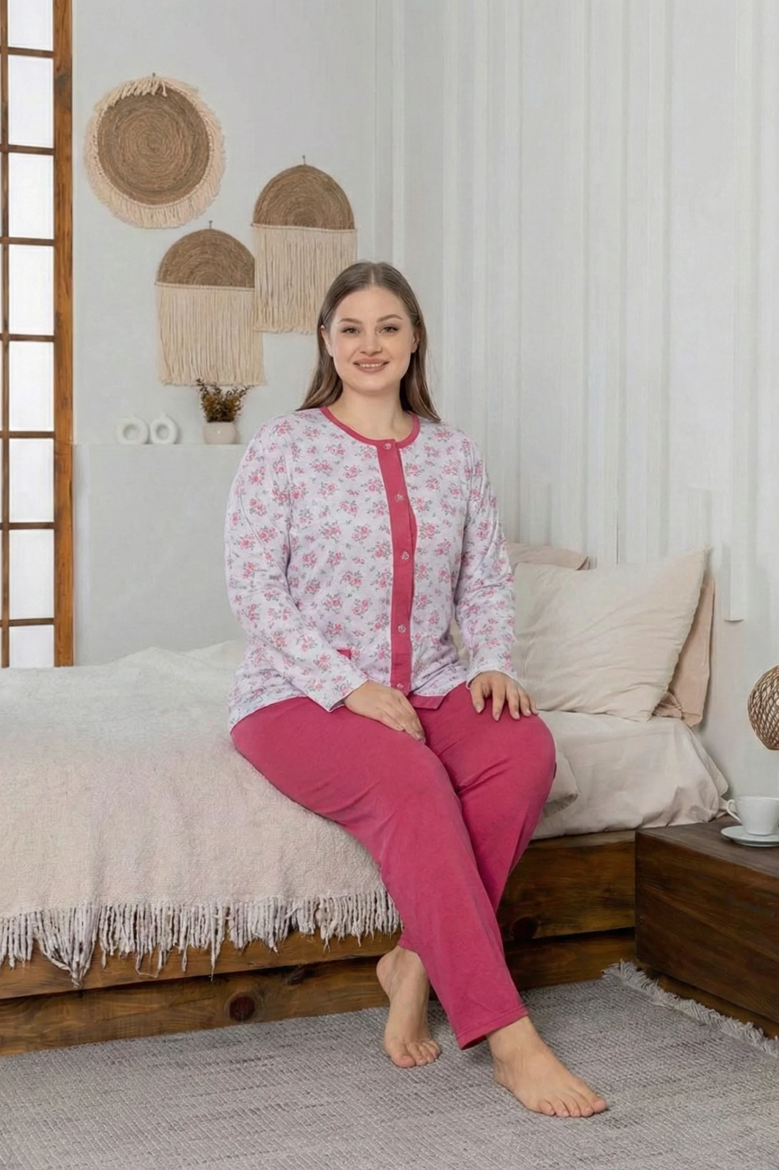 X-Dreamy Büyük Beden Pamuklu Cepli Çiçekli Önden Düğmeli Pijama Takımı, Fuşya, 2XL