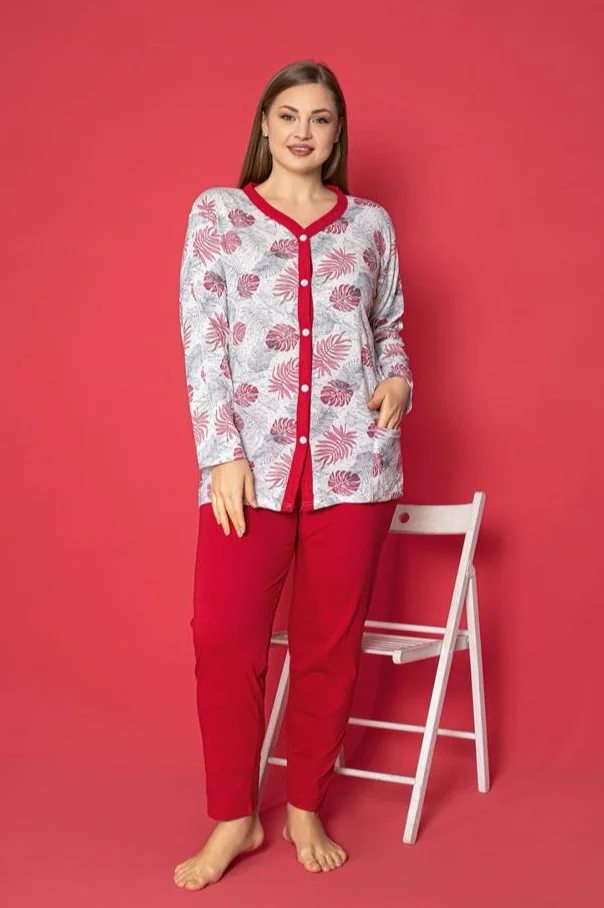 X-Dreamy Büyük Beden Pamuklu Cepli Çiçekli Önden Düğmeli Pijama Takımı, Kırmızı, 3XL