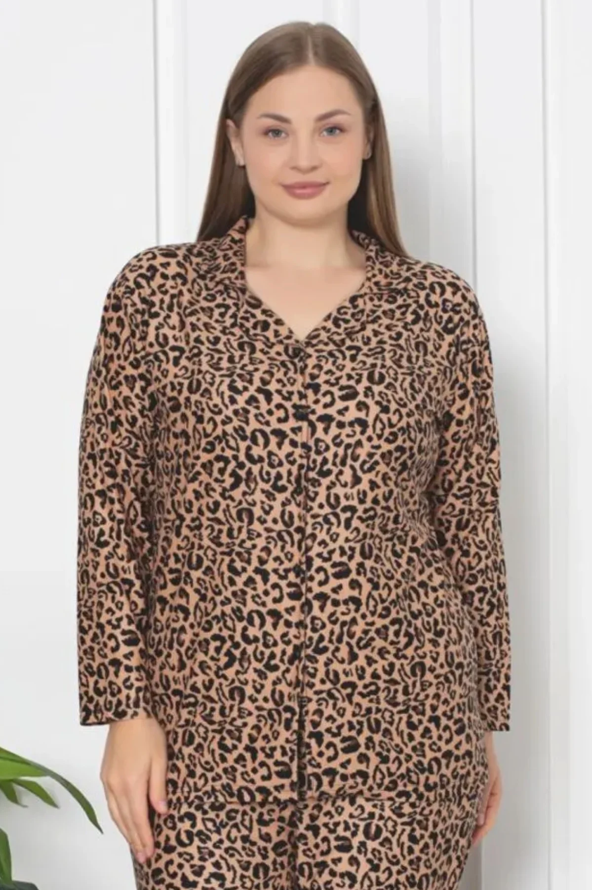 X-Dreamy Büyük Beden Pamuklu Süet Bambu Düğmeli Pijama Takımı, Leopar, 2XL
