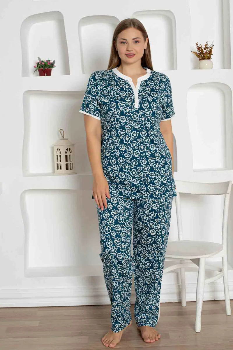 X-Dreamy Büyük Beden Likralı Pamuklu Çiçekli Kısa Kollu Pijama Takımı, İndigo, 5XL