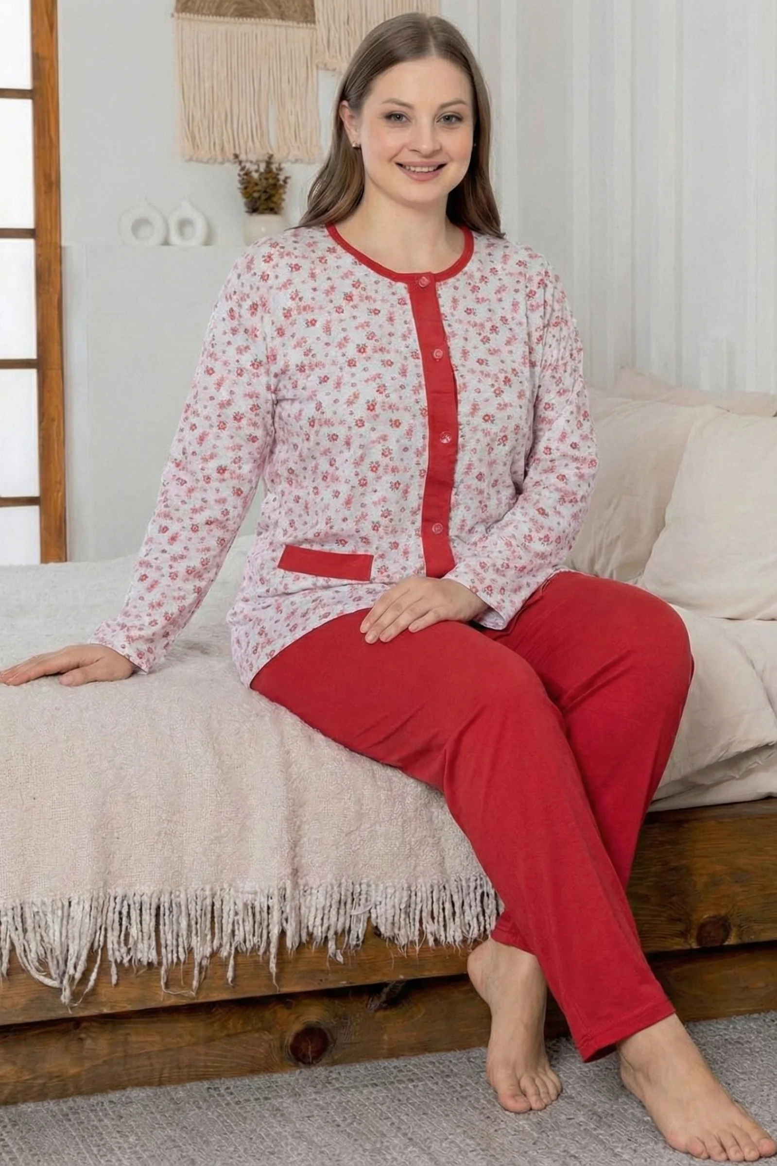 X-Dreamy Büyük Beden Pamuklu Cepli Çiçekli Önden Düğmeli Pijama Takımı, Kırmızı, 2XL