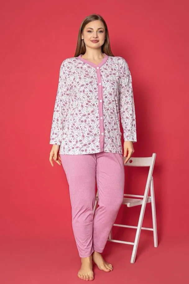 X-Dreamy Büyük Beden Pamuklu Cepli Çiçekli Önden Düğmeli Pijama Takımı, Pembe, XL
