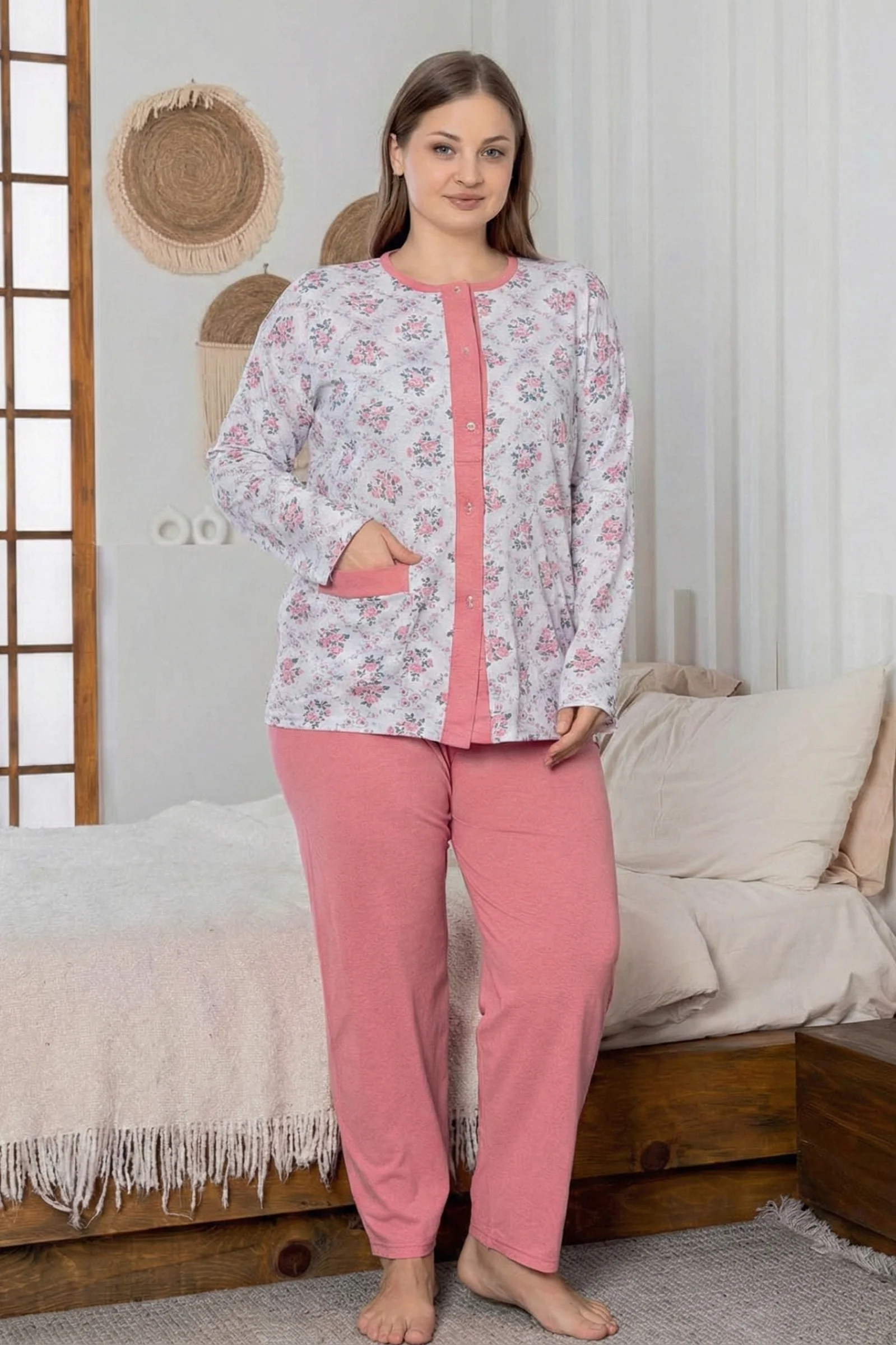 X-Dreamy Büyük Beden Pamuklu Cepli Çiçekli Önden Düğmeli Pijama Takımı, Yavruağzı, XL