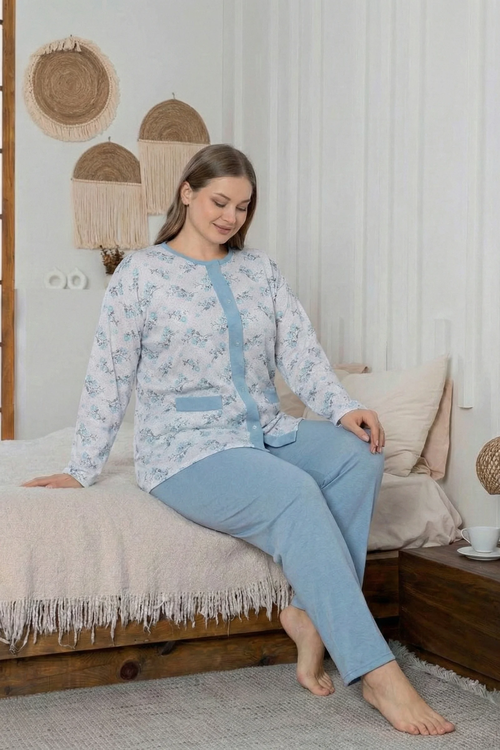 X-Dreamy Büyük Beden Pamuklu Cepli Çiçekli Önden Düğmeli Pijama Takımı, Mavi, 2XL