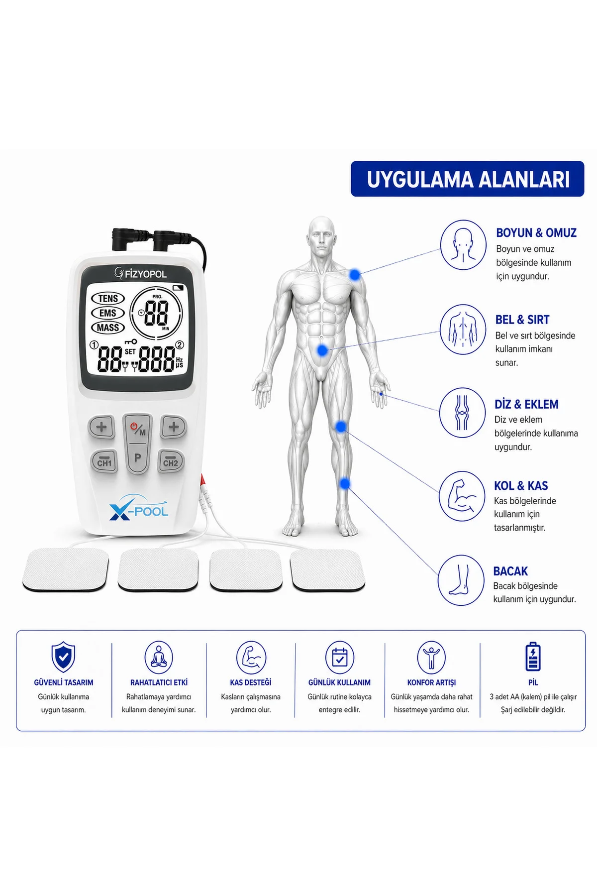 X Pool Fonksiyonel, 2 Kanallı Portatif Dijital Tens, Ems, Masaj Cihazı