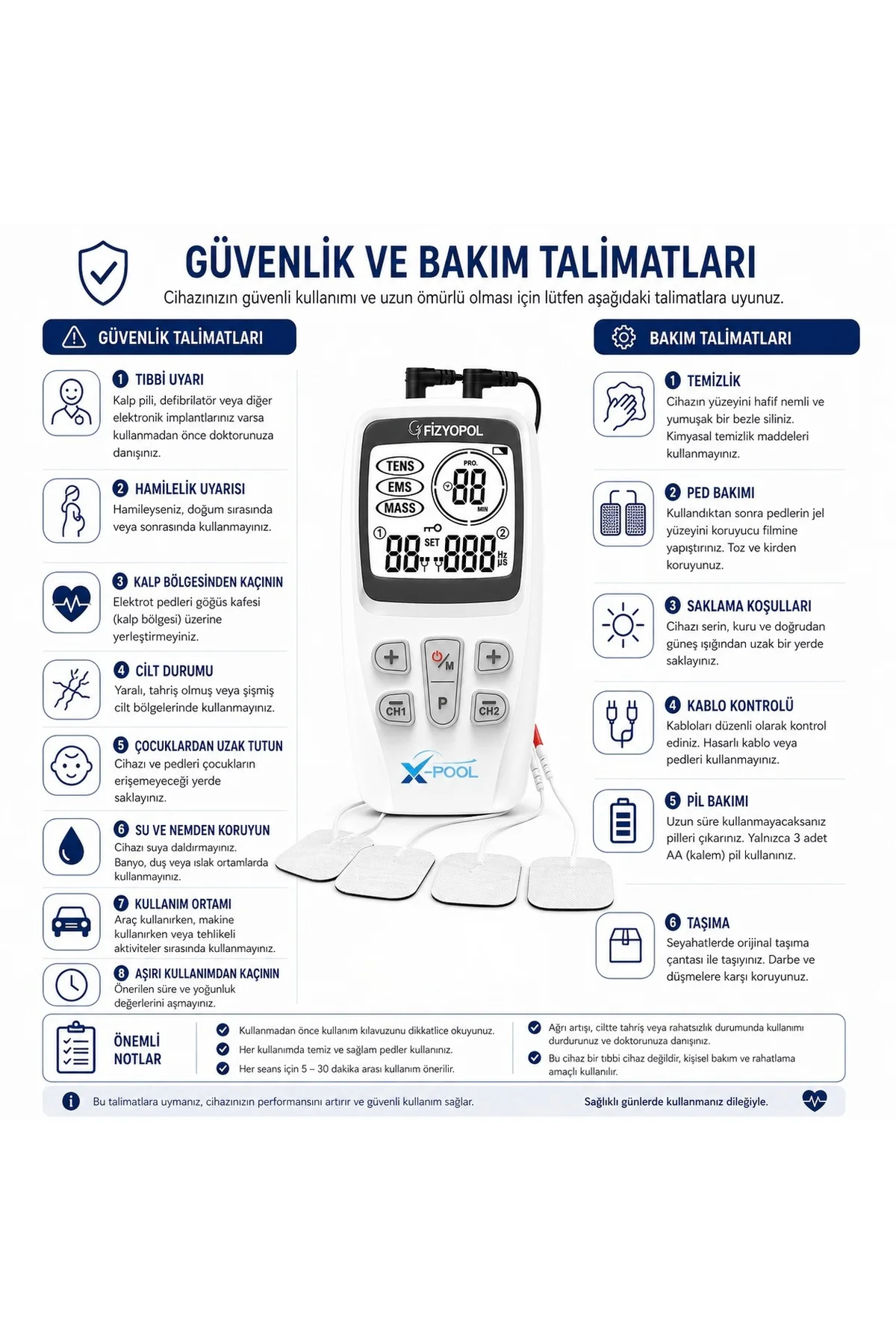 X Pool Fonksiyonel, 2 Kanallı Portatif Dijital Tens, Ems, Masaj Cihazı