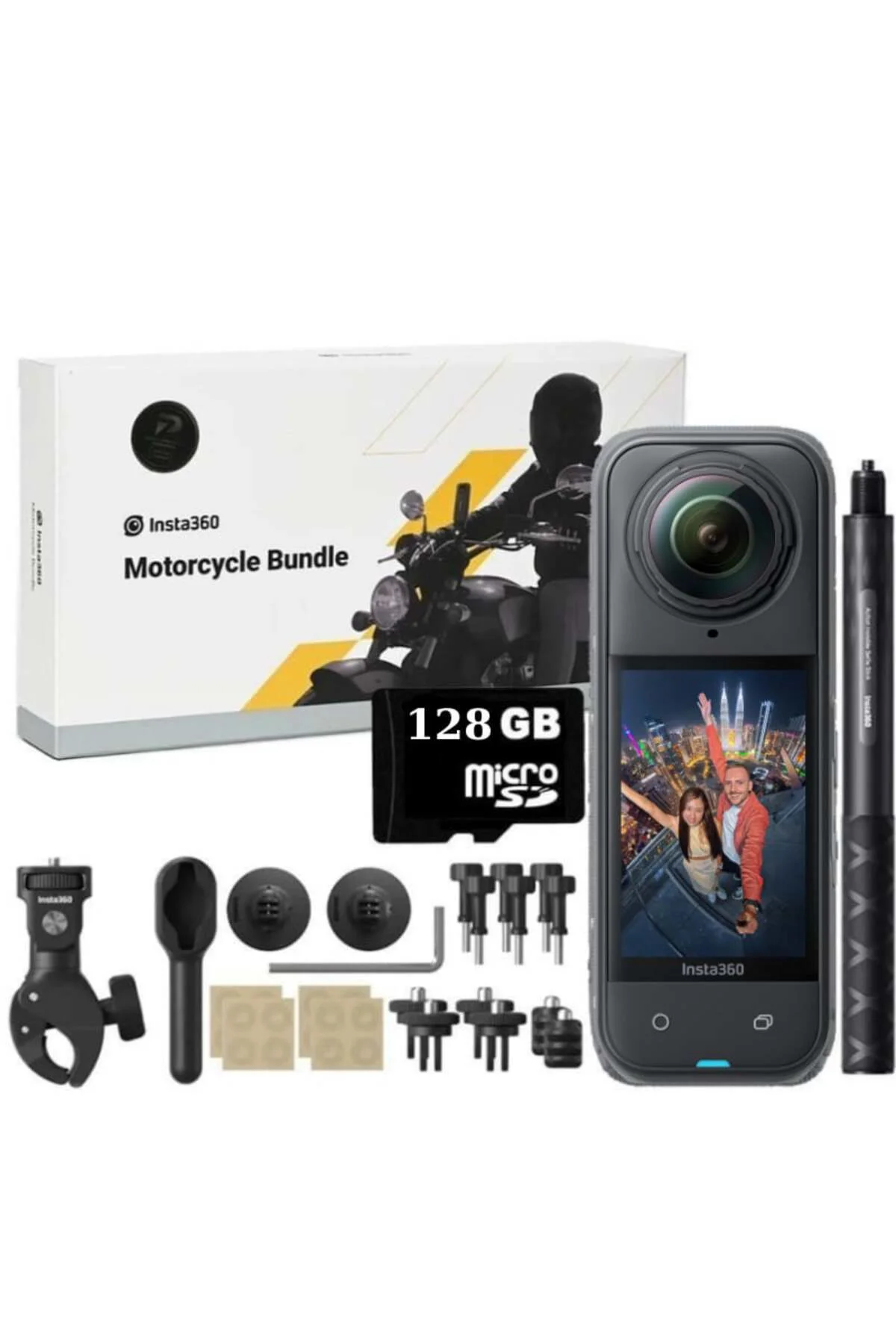 X5 360 Derece 8K Aksiyon Kamera Motosiklet Kit 128GB