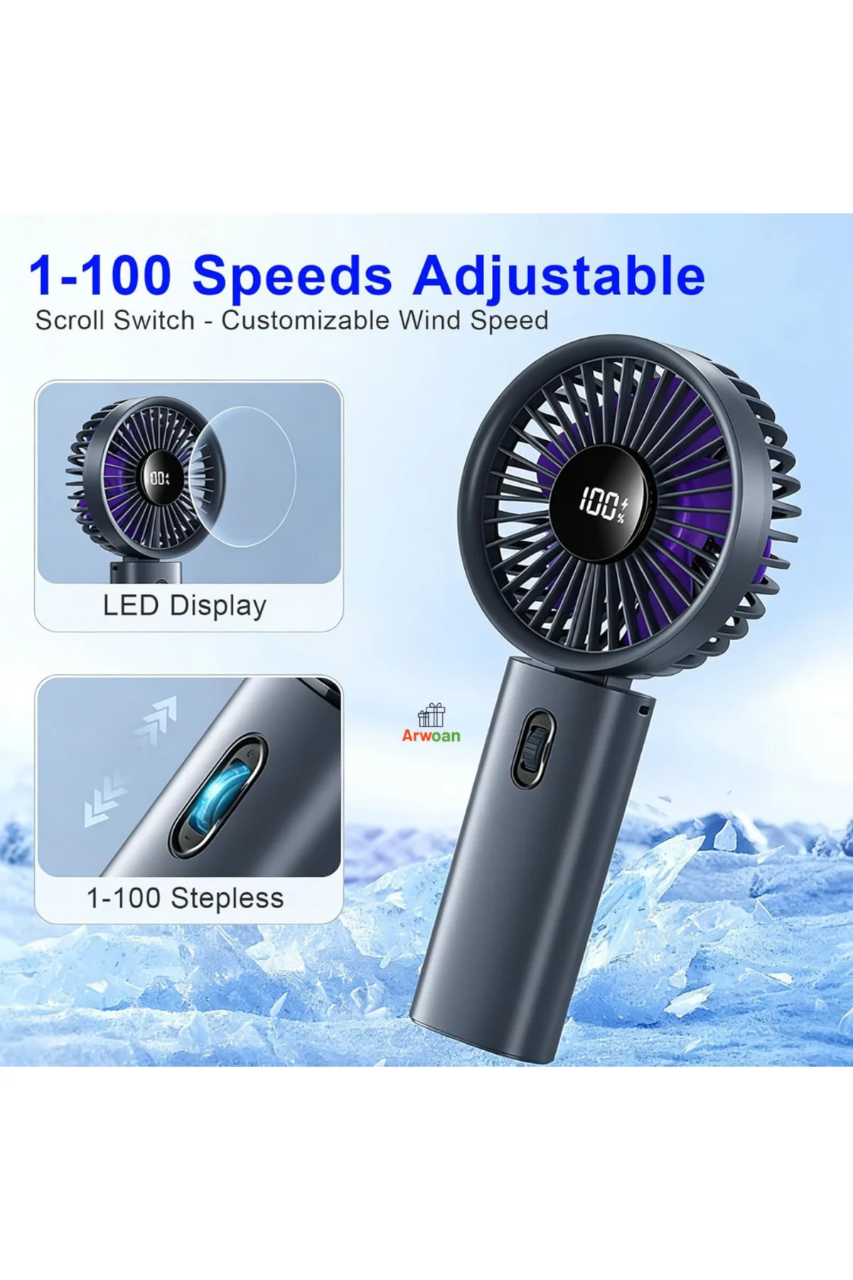 X6 Şarjlı Mini El Vantilatörü LED Göstergeli Taşınabilir Turbo Fan 100 Hız Kademeli USB Şarjlı