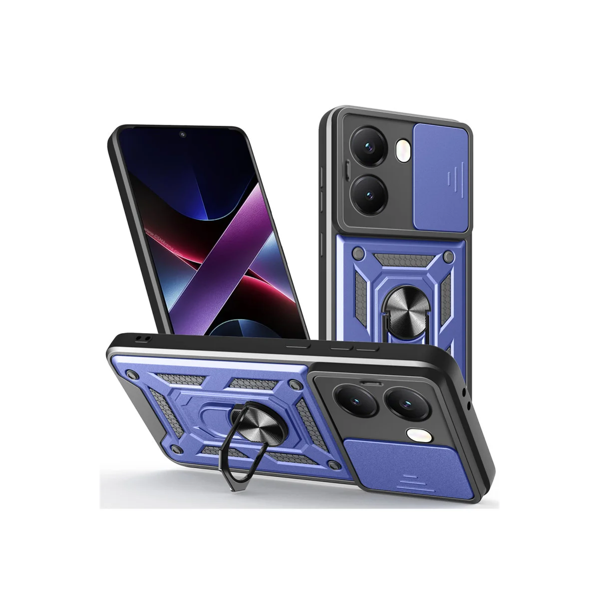 X7 Pro Silikon Kılıf - Lens Kılıfı ve Metal Standlı - Lacivert Premium Koruma