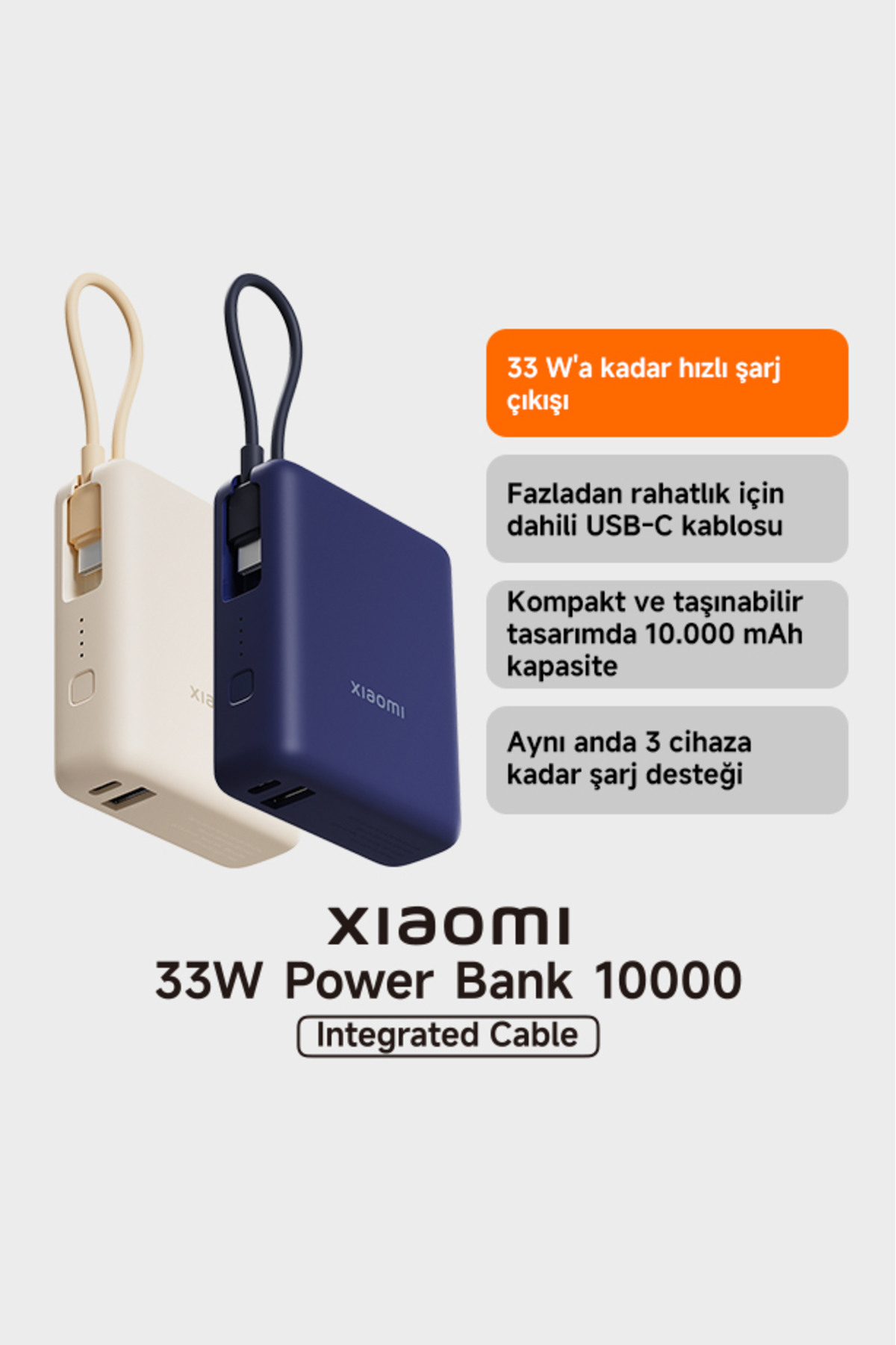 Xiaomi 33W Powerbank 10000Mah Yüksek Hızlı Dahili Kablo Kompakt T