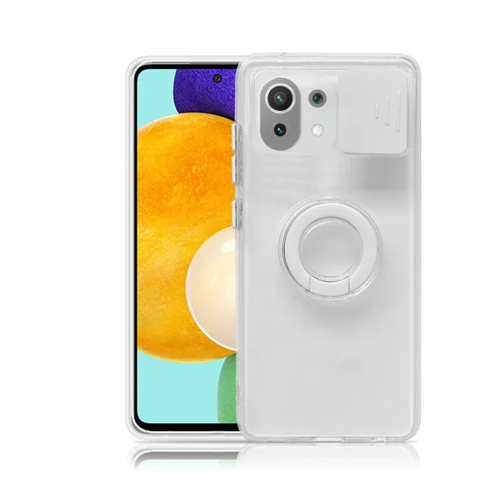 Xiaomi Mi 11 Lite Kılıf Sürgülü Kamera Lens Korumalı Yüzük Standlı Silikon Kılıf-1852