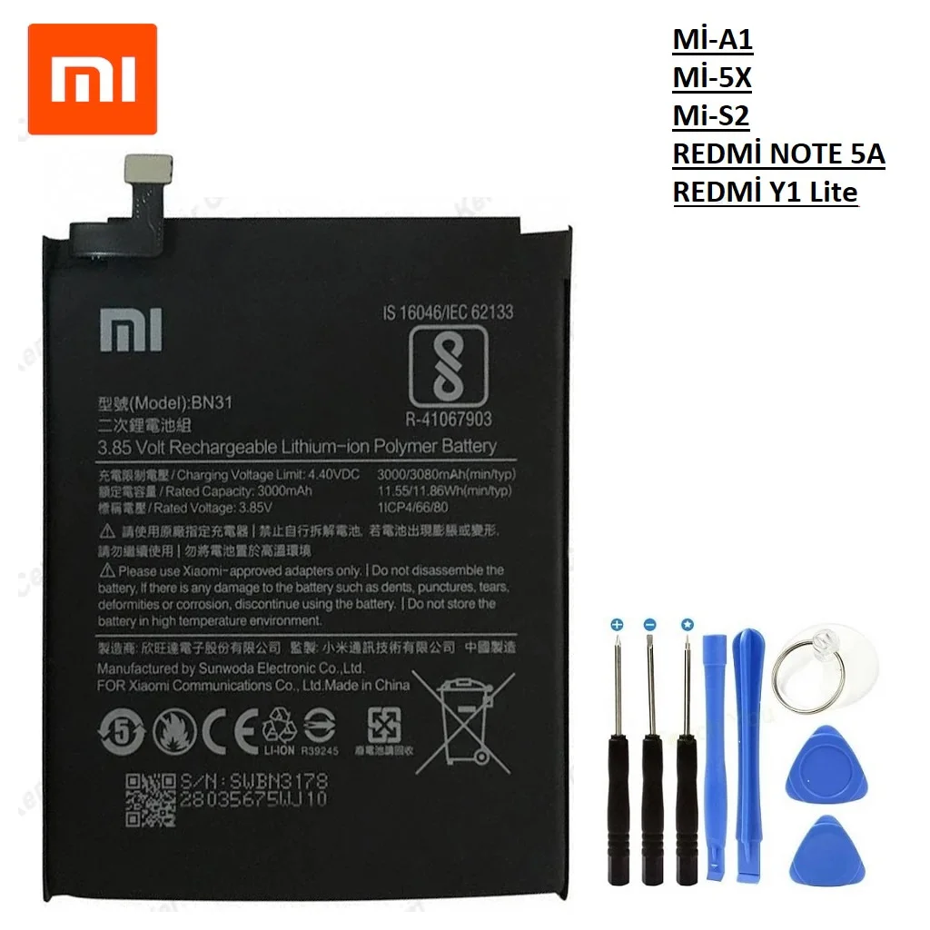Xiaomi Mi A1 Redmi S2/Y2 Pil Batarya Bn31+Tamir Seti Xiaomi Mi A1 Redmi S2/Y2 Pil Batarya Bn31+Tamir Seti