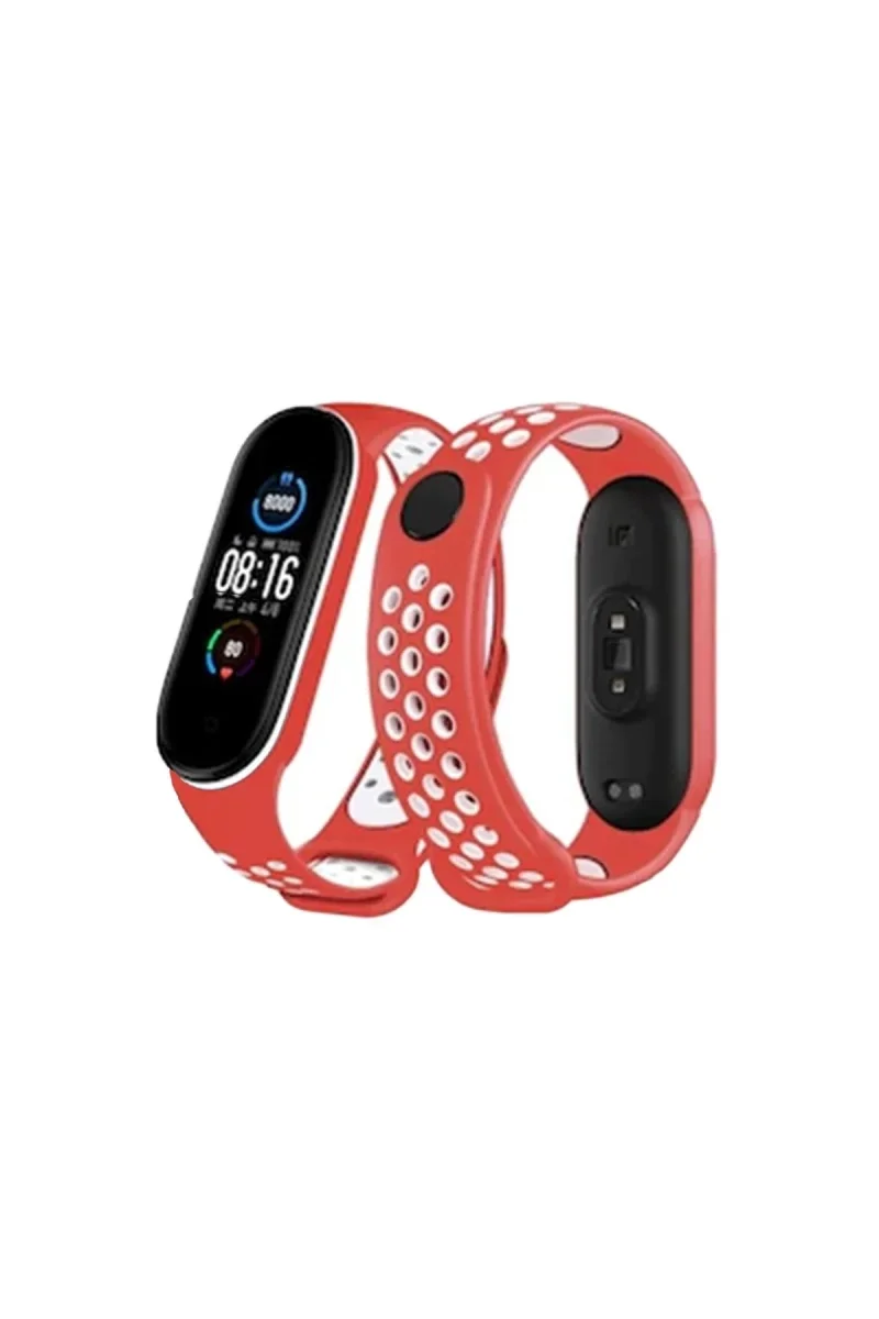 Xiaomi Mi Band 6 Spor Delikli Kordon - Kırmızı-Beyaz Xiaomi Mi Band 6 Spor Delikli Kordon - Kırmızı-Beyaz