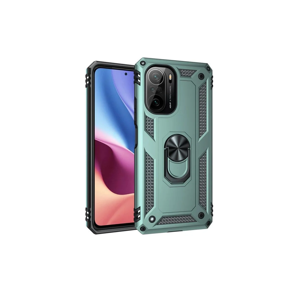 Xiaomi Poco F3 ile Uyumlu Sofya Yüzüklü Silikon Kılıf - Yeşil, Mıknatıslı Araç Tutucu Destekli Ultra Koruma