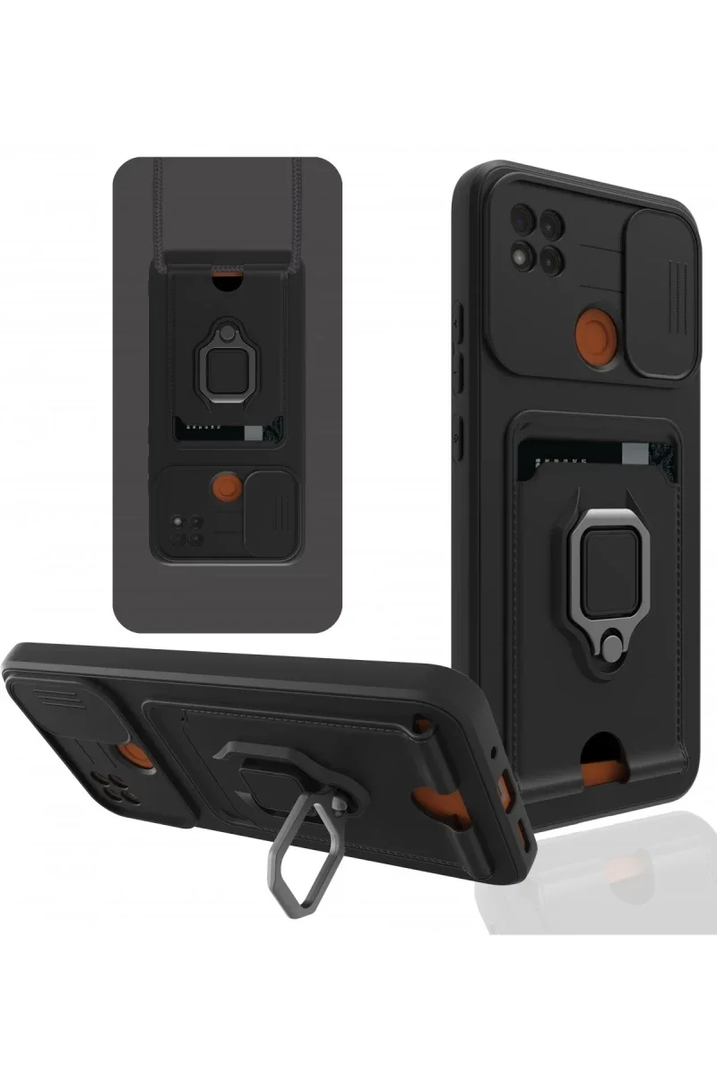 Xiaomi Redmi 9C Kılıf Zuma Kartvizitli Yüzüklü Silikon - Siyah