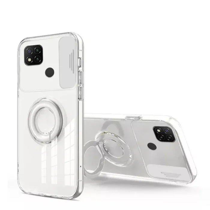 Xiaomi Redmi 9C Kılıf – Sürgülü Lens Korumalı, Yüzük Standlı Silikon