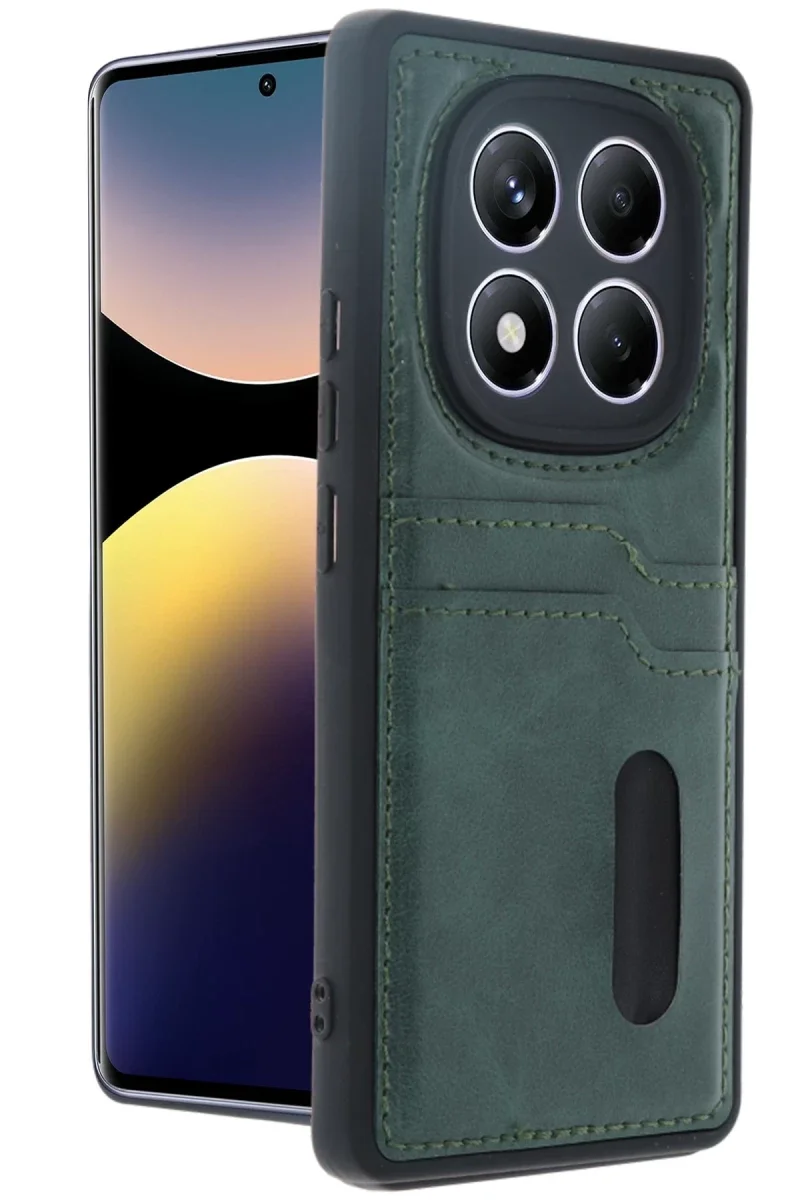 Xiaomi Redmi Note 14 Pro 5G Kılıf Sara Kartvizitli Deri Kılıf - Koyu Yeşil