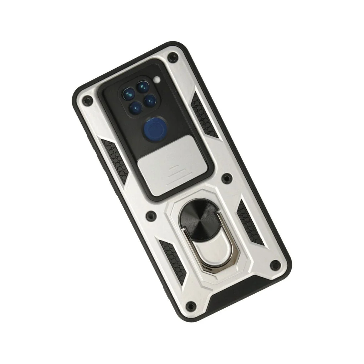 Xiaomi Redmi Note 9 ile Uyumlu Kılıf - Pars Lens Yüzüklü Silikon, Gümüş, Metal Yüzük Stand