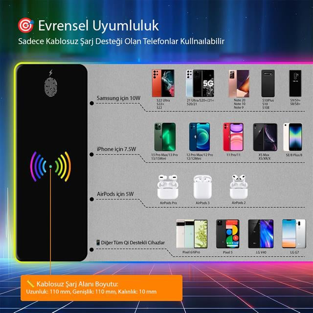 XL RGB Gaming Mouse Pad Wireless Telefon Şarj Destekli 14 Modlu (