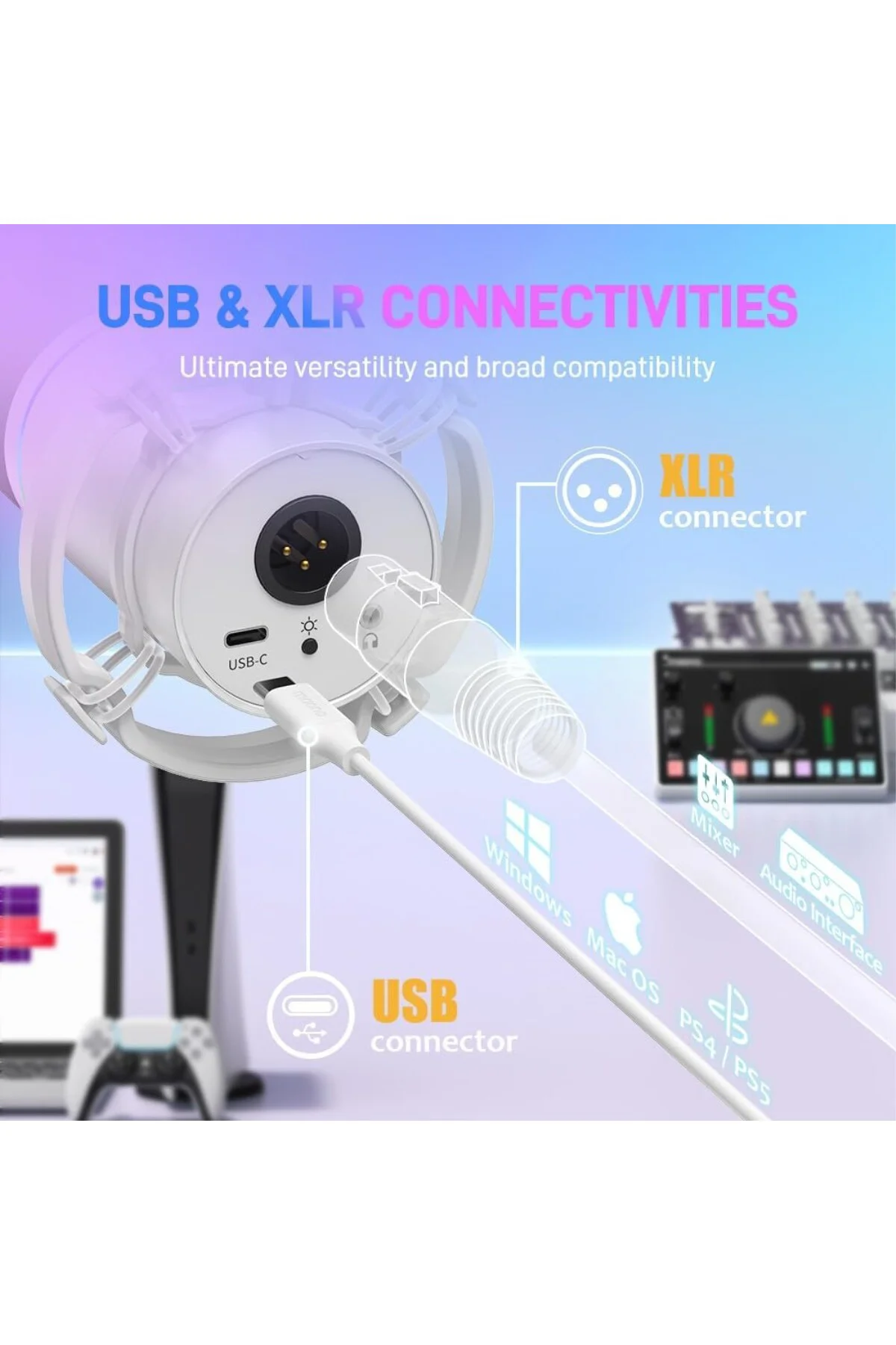 XLR/USB Dinamik Mikrofon, Yazılımlı RGB Oyun Mikrofonu, Sessiz, K