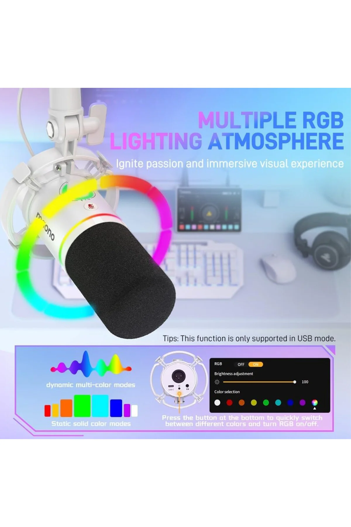 XLR/USB Dinamik Mikrofon, Yazılımlı RGB Oyun Mikrofonu, Sessiz, K
