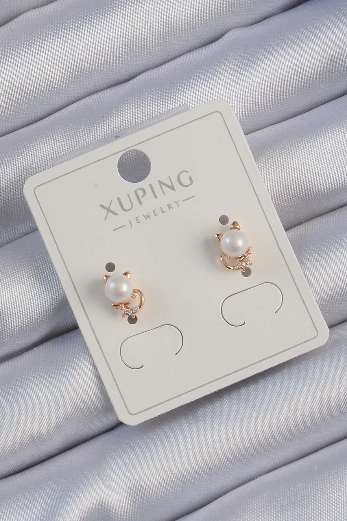 Xuping Rose Renk Zirkon Taşlı İncili Kedi Küpe - TJ-BKP9401