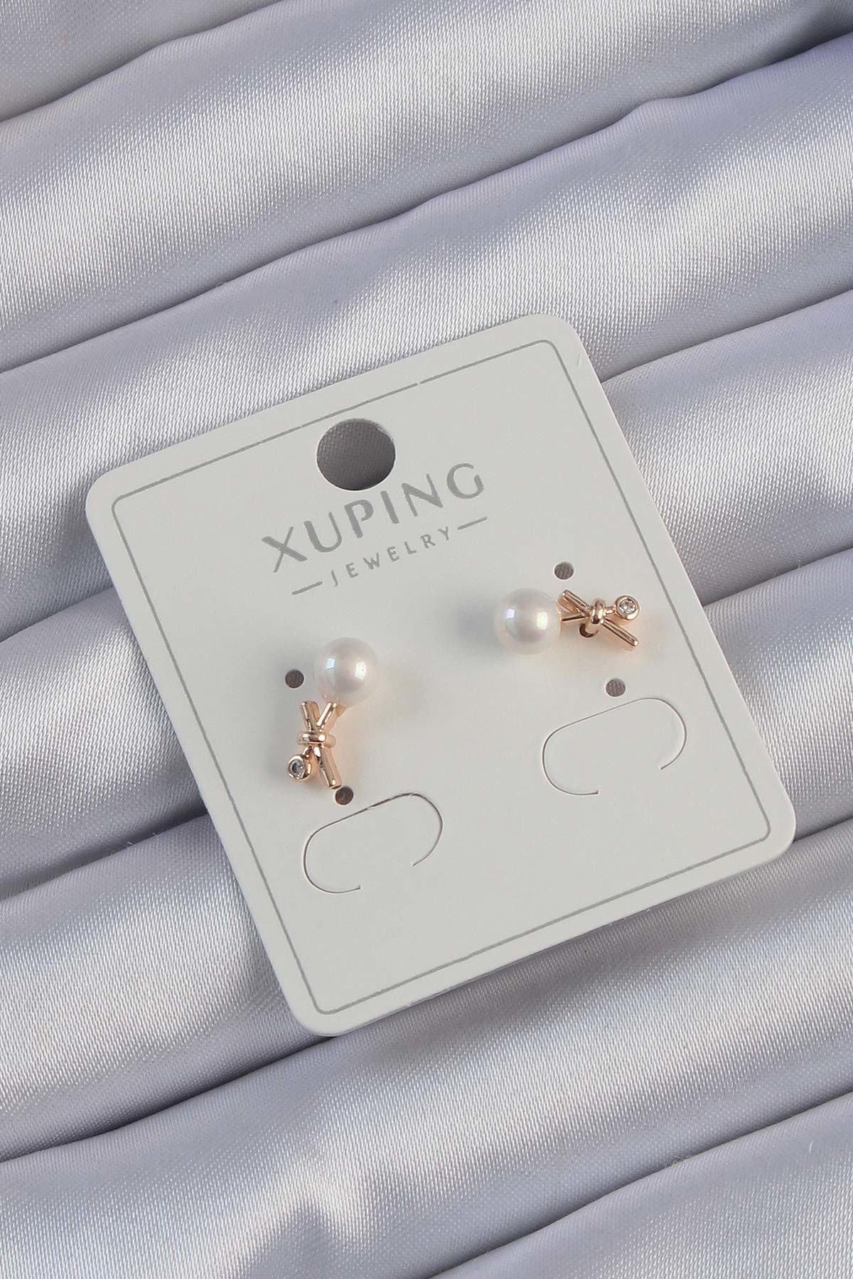 Xuping Rose Renk Zirkon Taşlı İncili Minimal Fiyonk Küpe - TJ-BKP