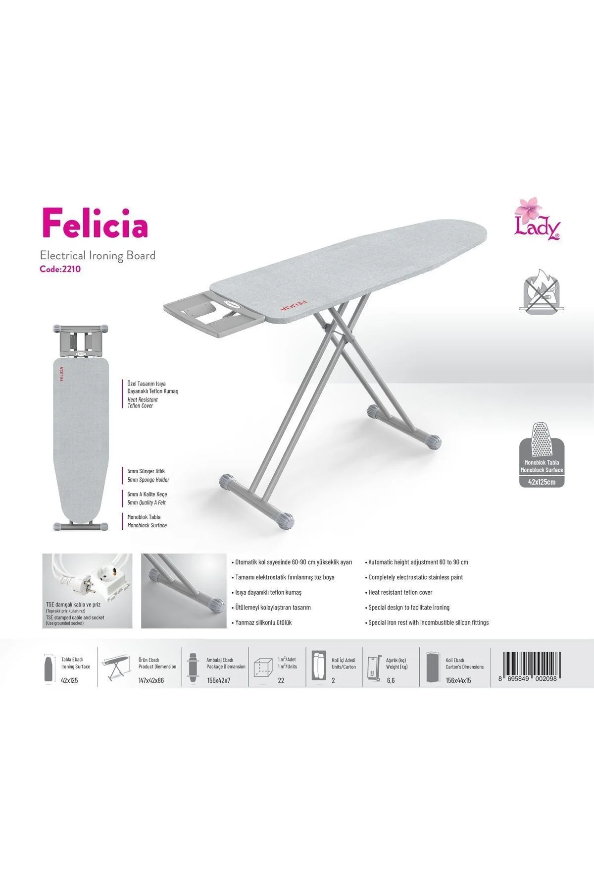 Xxx Lady Felicia Çelik Tabanlı Ütü Masası Monoblok Tabla 150x42x90 Cm - Görsel 5