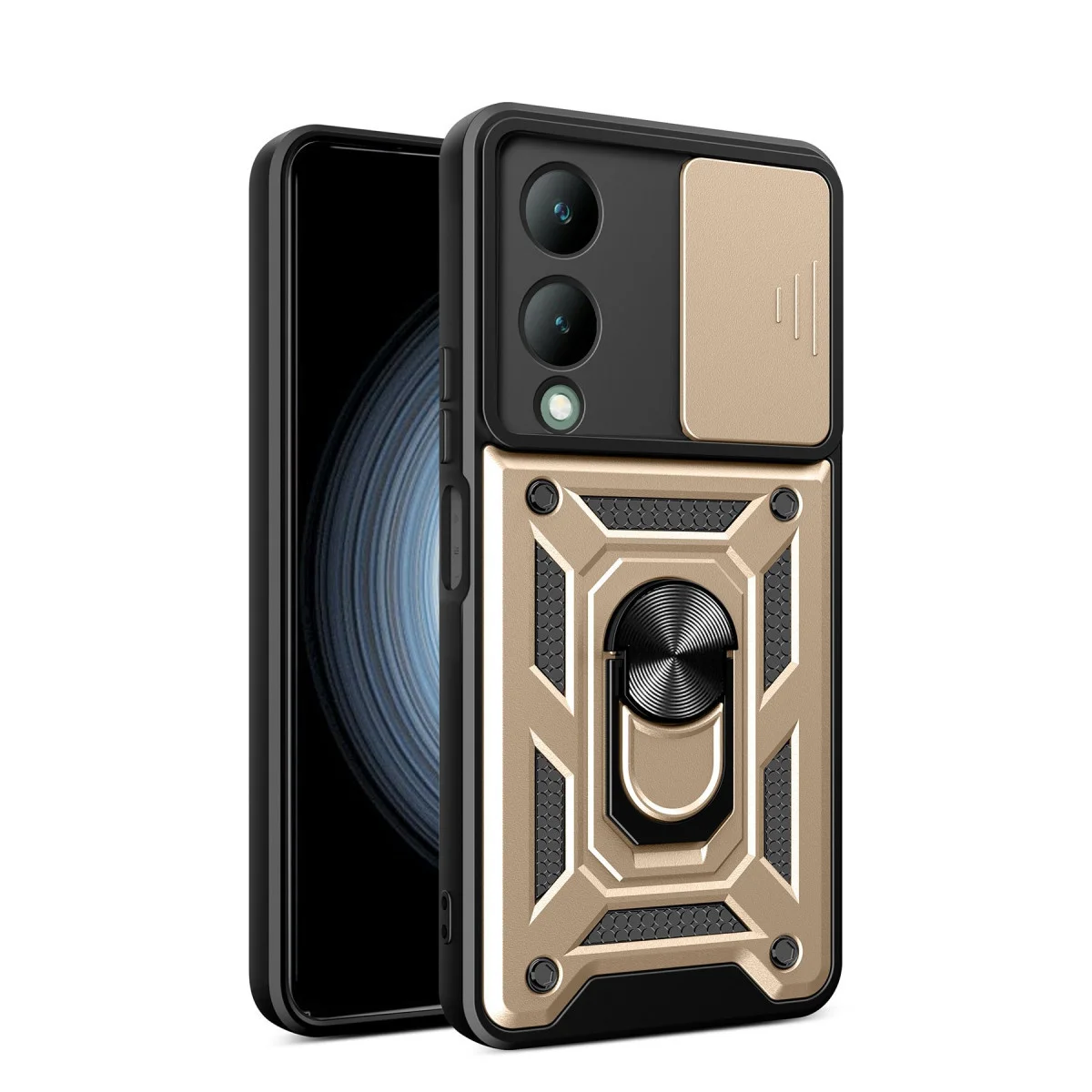 Y17S Kılıf Silikon Lens Yüzüklü - Kamera Koruması, Metal Stand ve Gold