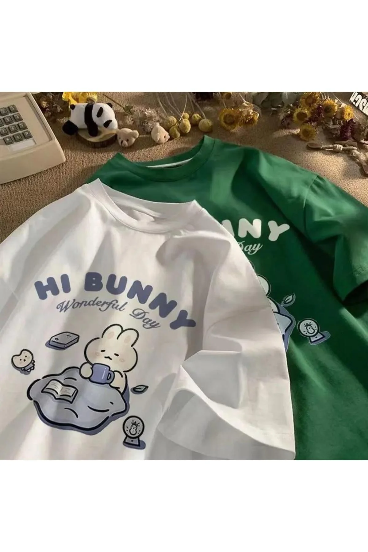 Y2k  Hi Bunny Baskılı Beyaz Unisex Oversize T-shirt