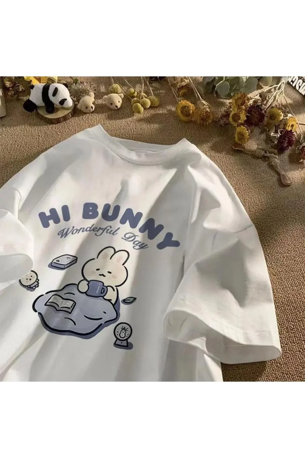 Y2k  Hi Bunny Baskılı Beyaz Unisex Oversize T-shirt