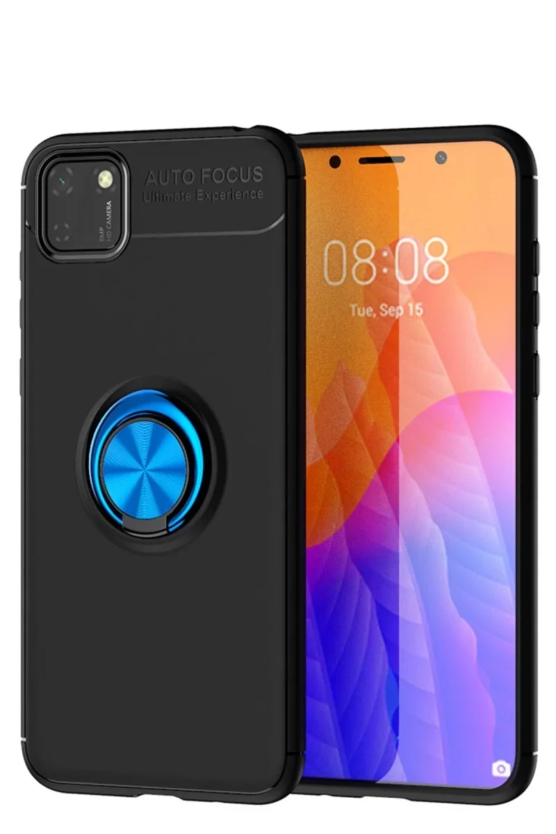 Y5P Kılıf Range Yüzüklü Silikon - Siyah/Mavi | 360° Dönen Standlı Manyetik Telefon Kılıfı