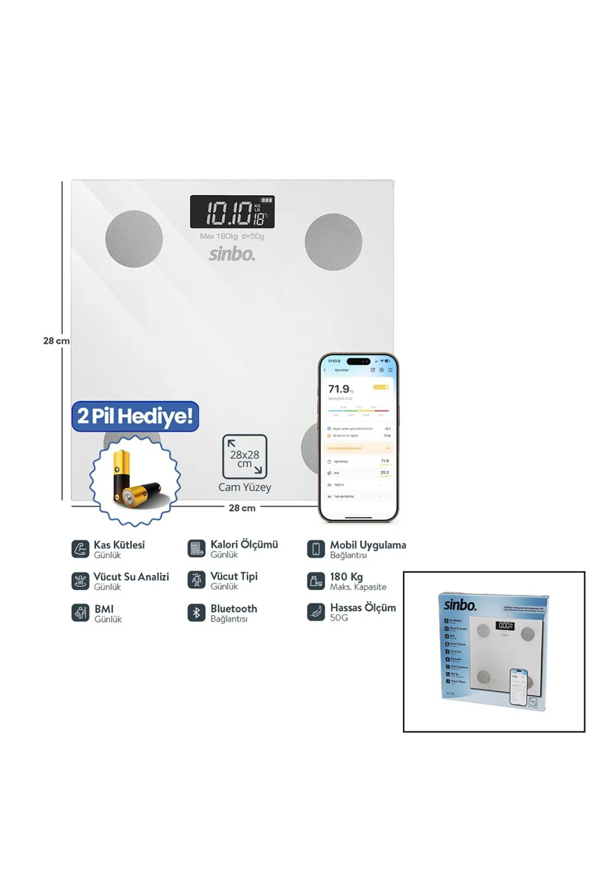 YAĞ ÖLÇERAKILLI BLUETOOTH CAM BASKÜL PİLLİ 180KG/50GR 28X28CM 8-K