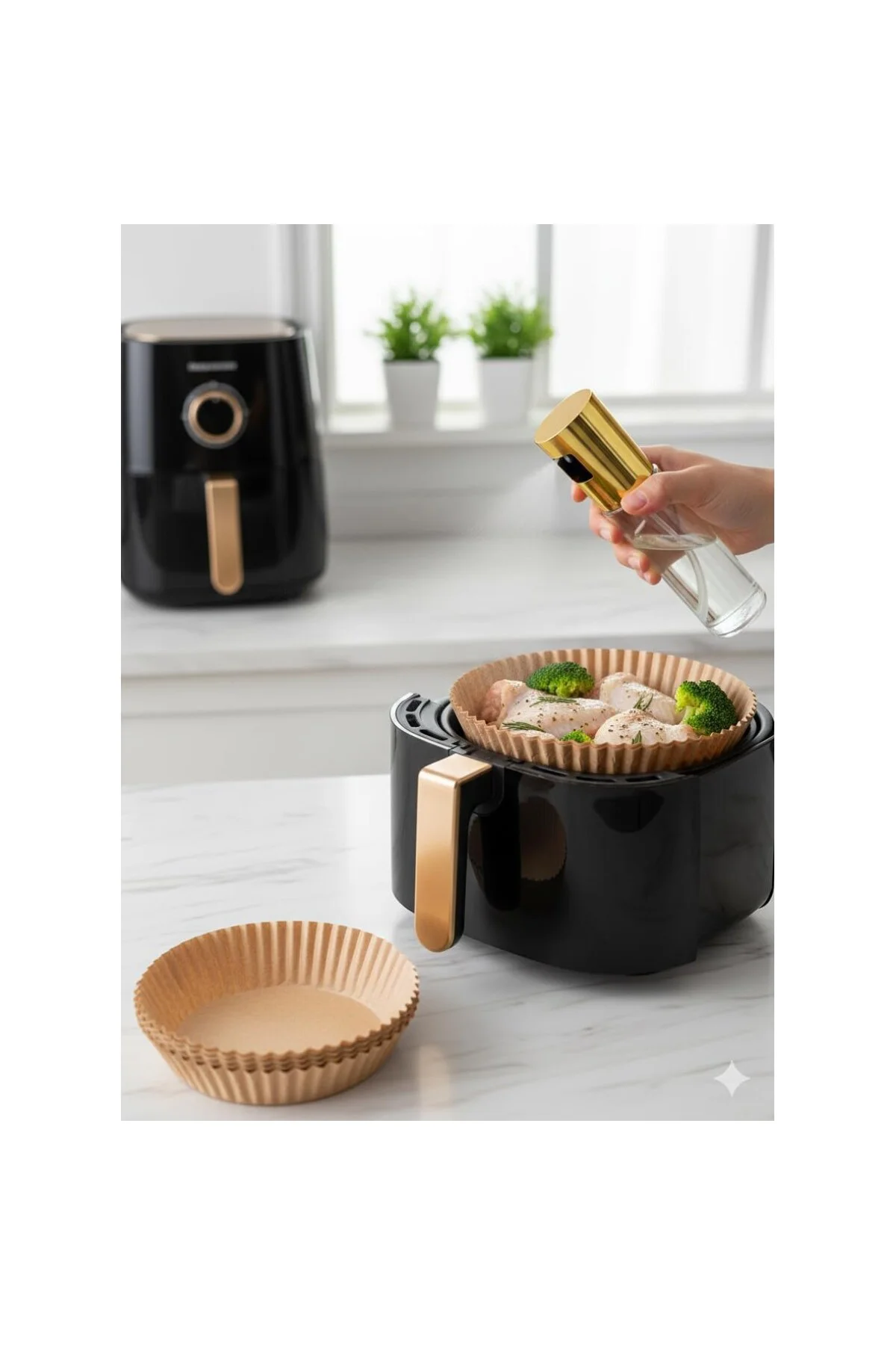 Yağ Püskürtücü Sprey ve 50’li Airfryer Kağıdı Seti – Yapışmaz Piş