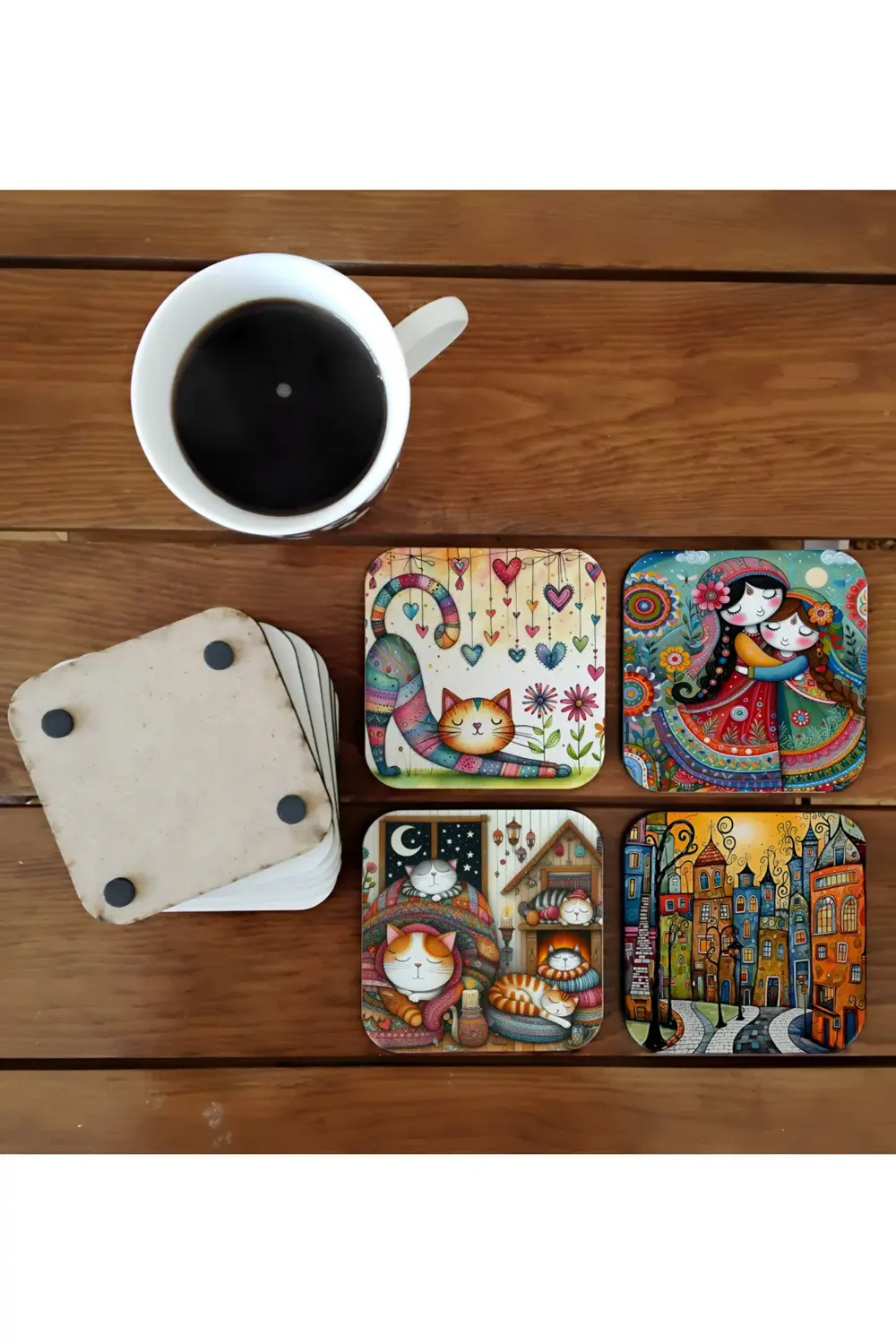 Yağlı boya çizim görselli kediler ve otantik  dünya ahşap bardak