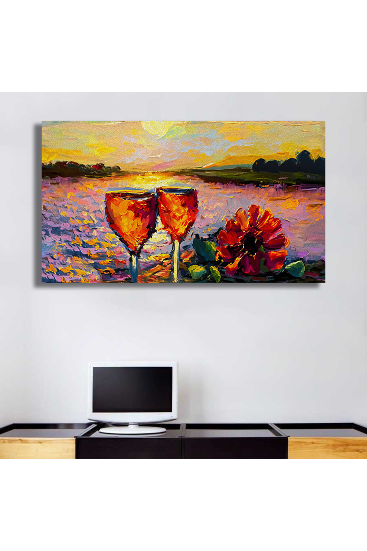 Korkmazkanvas Yağlı Boya, Lezzetli Şarap, Gün Batımında Nehir Kıyısında Bir Çiç