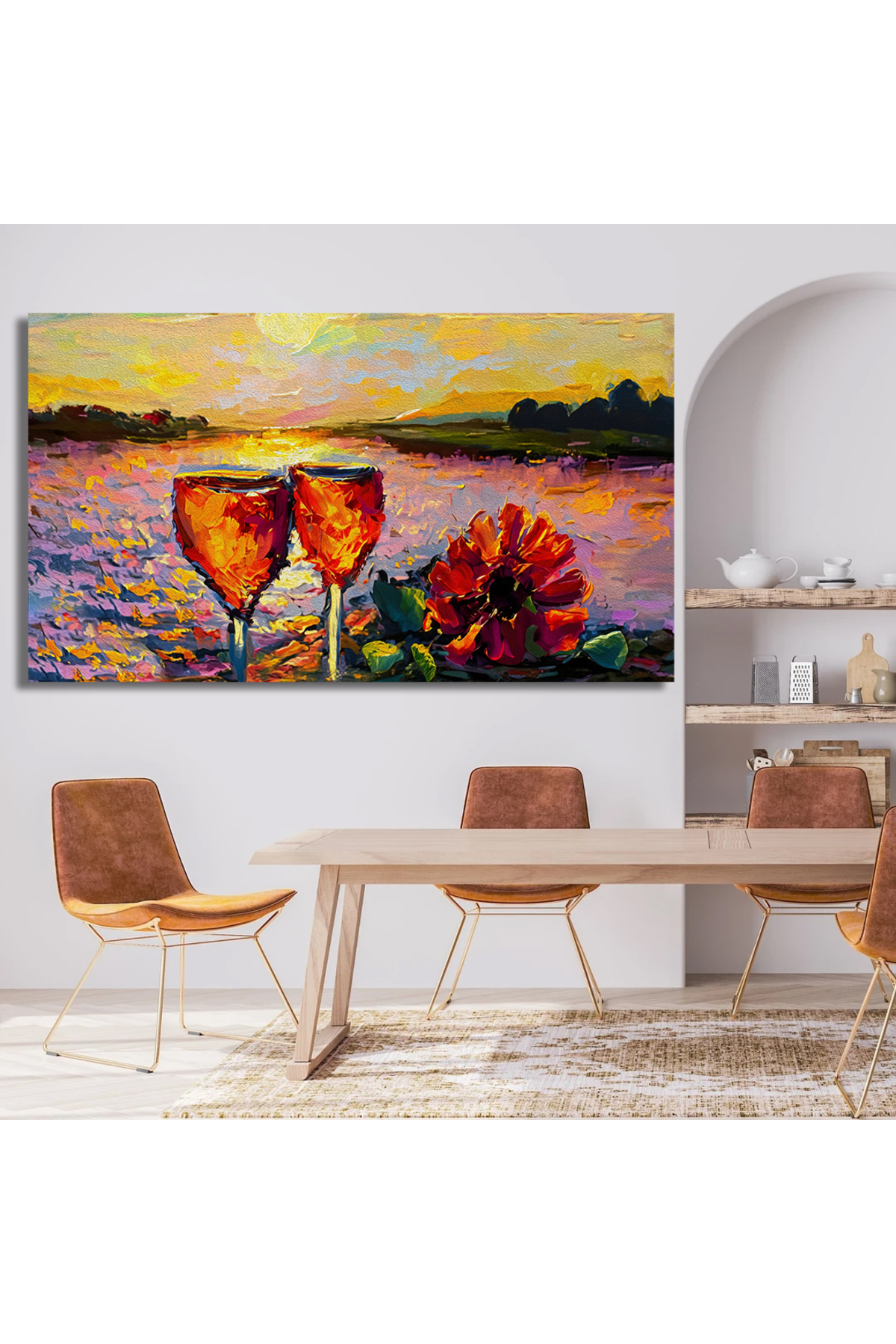 Korkmazkanvas Yağlı Boya, Lezzetli Şarap, Gün Batımında Nehir Kıyısında Bir Çiç