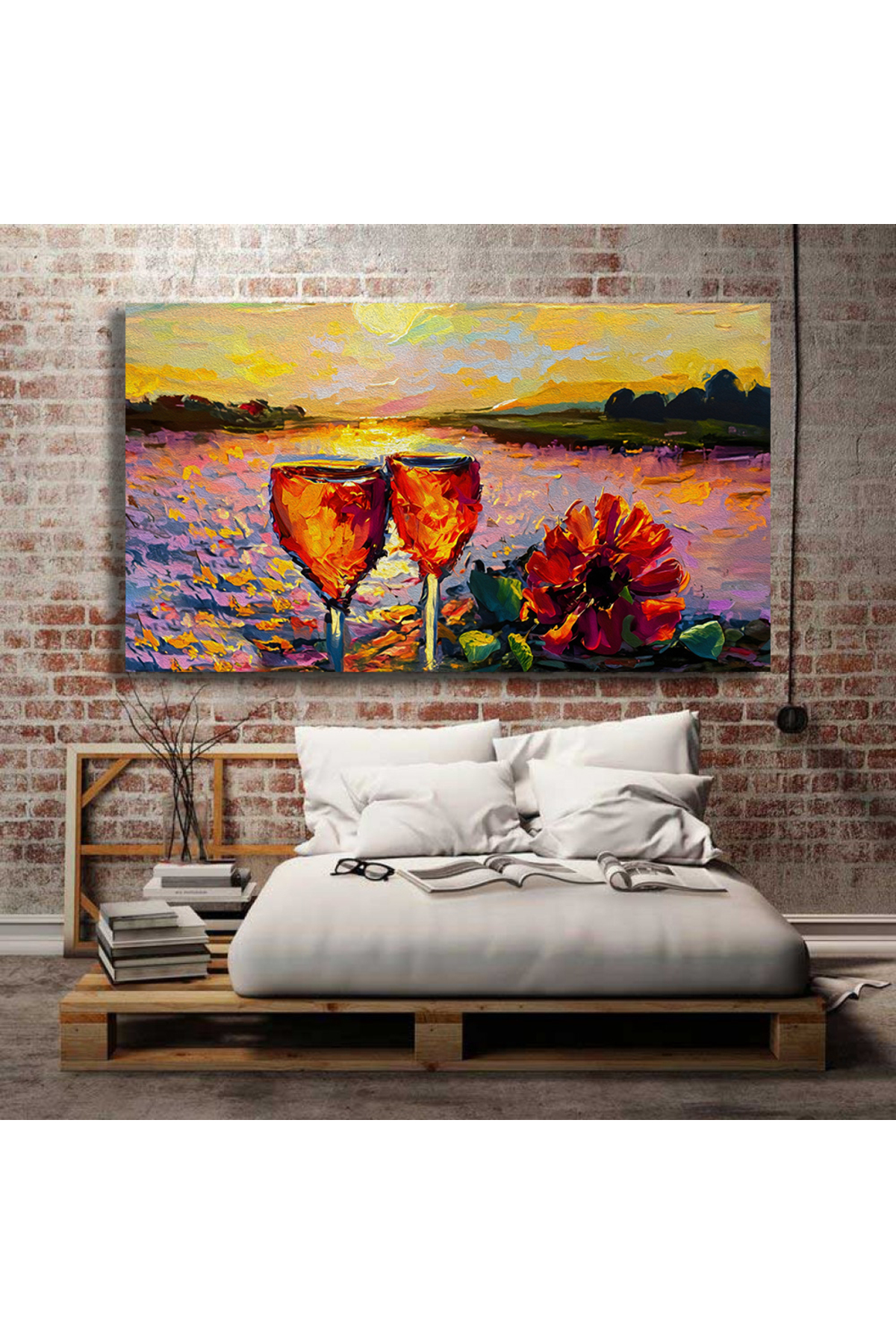 Korkmazkanvas Yağlı Boya, Lezzetli Şarap, Gün Batımında Nehir Kıyısında Bir Çiç