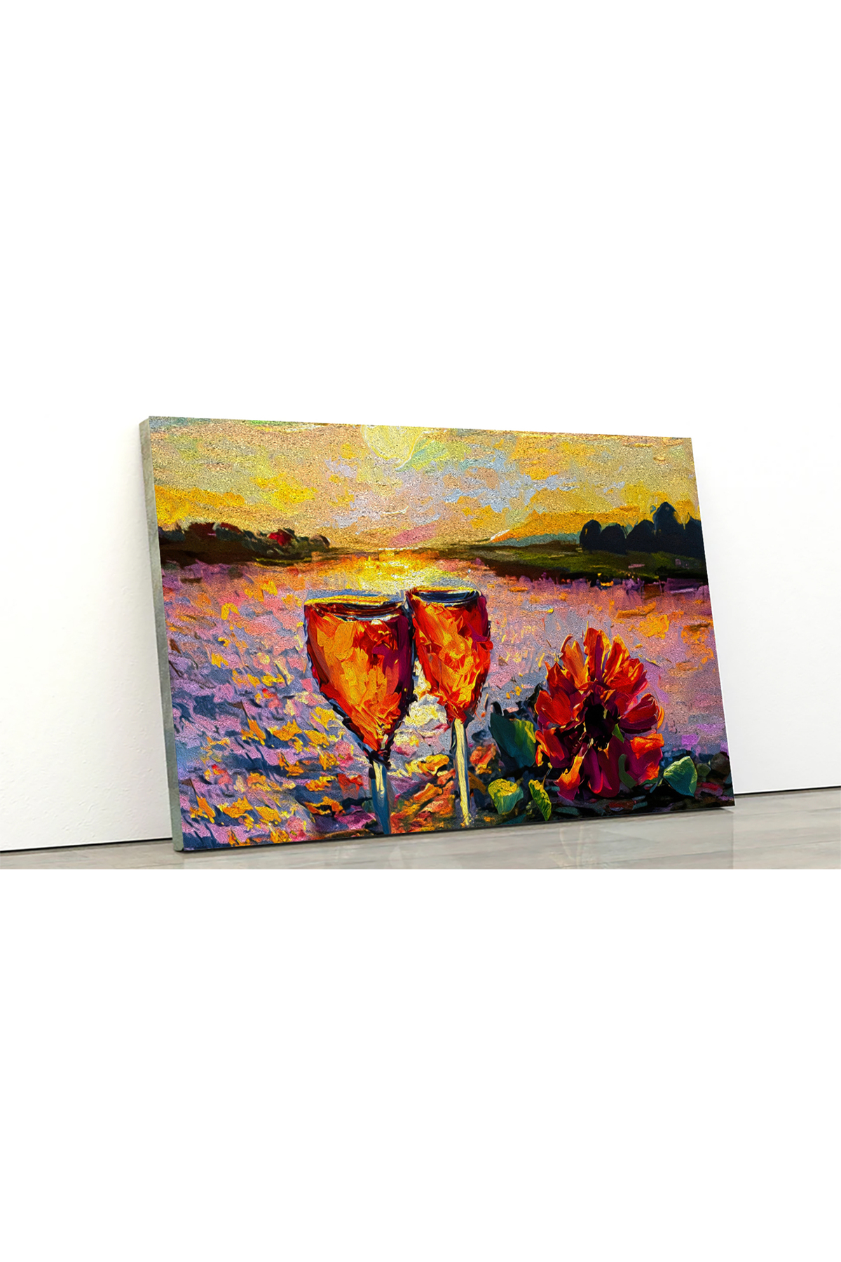 Korkmazkanvas Yağlı Boya, Lezzetli Şarap, Gün Batımında Nehir Kıyısında Bir Çiç